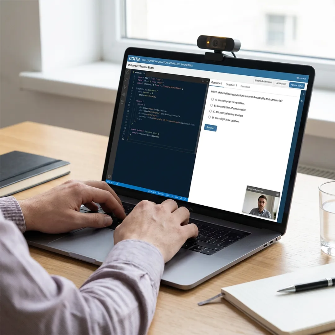 Online certification exam on laptop