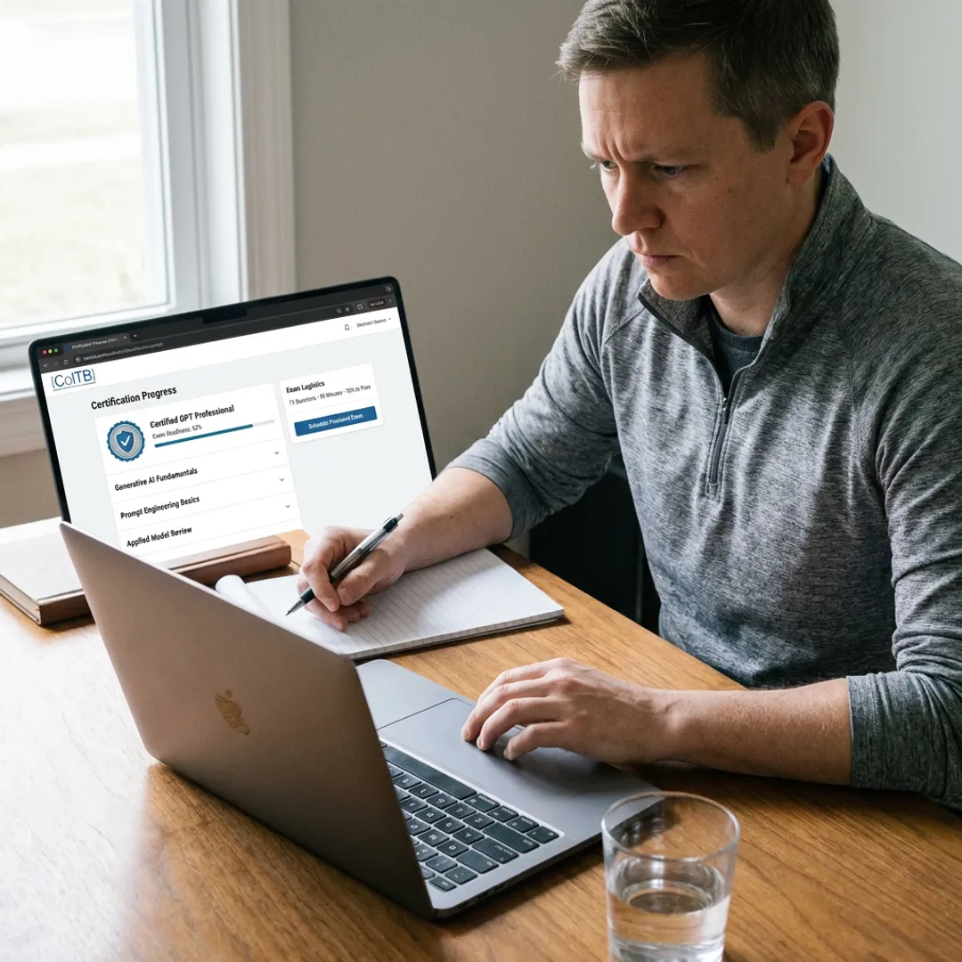 AI certification candidate studying at a laptop