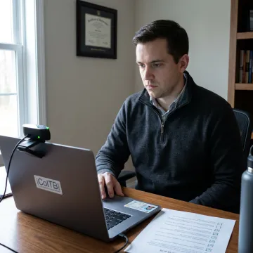 Candidate completing online proctored certification exam