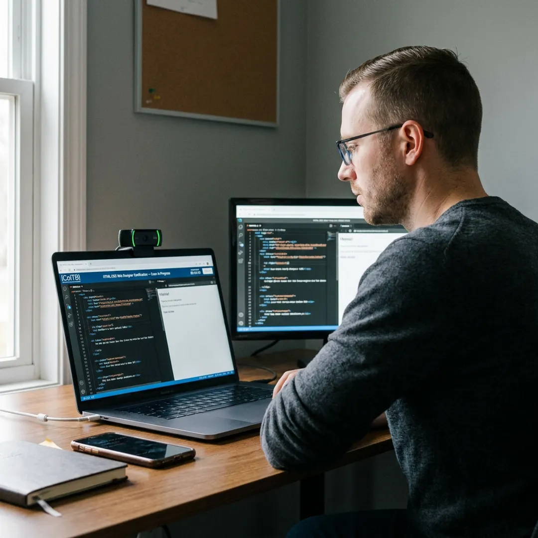 Candidate taking an online HTML and CSS certification exam