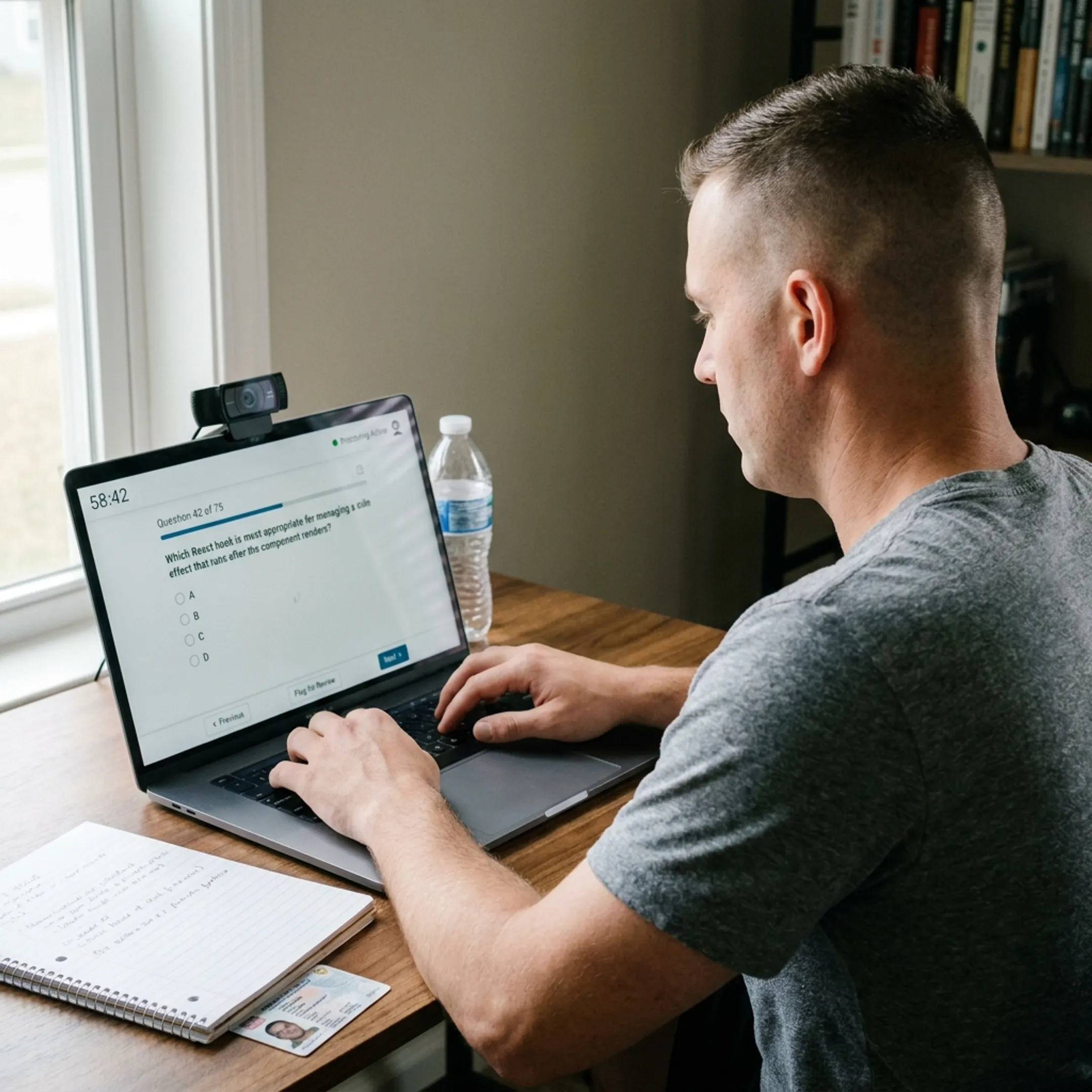 Military member completing an online IT certification exam at a laptop