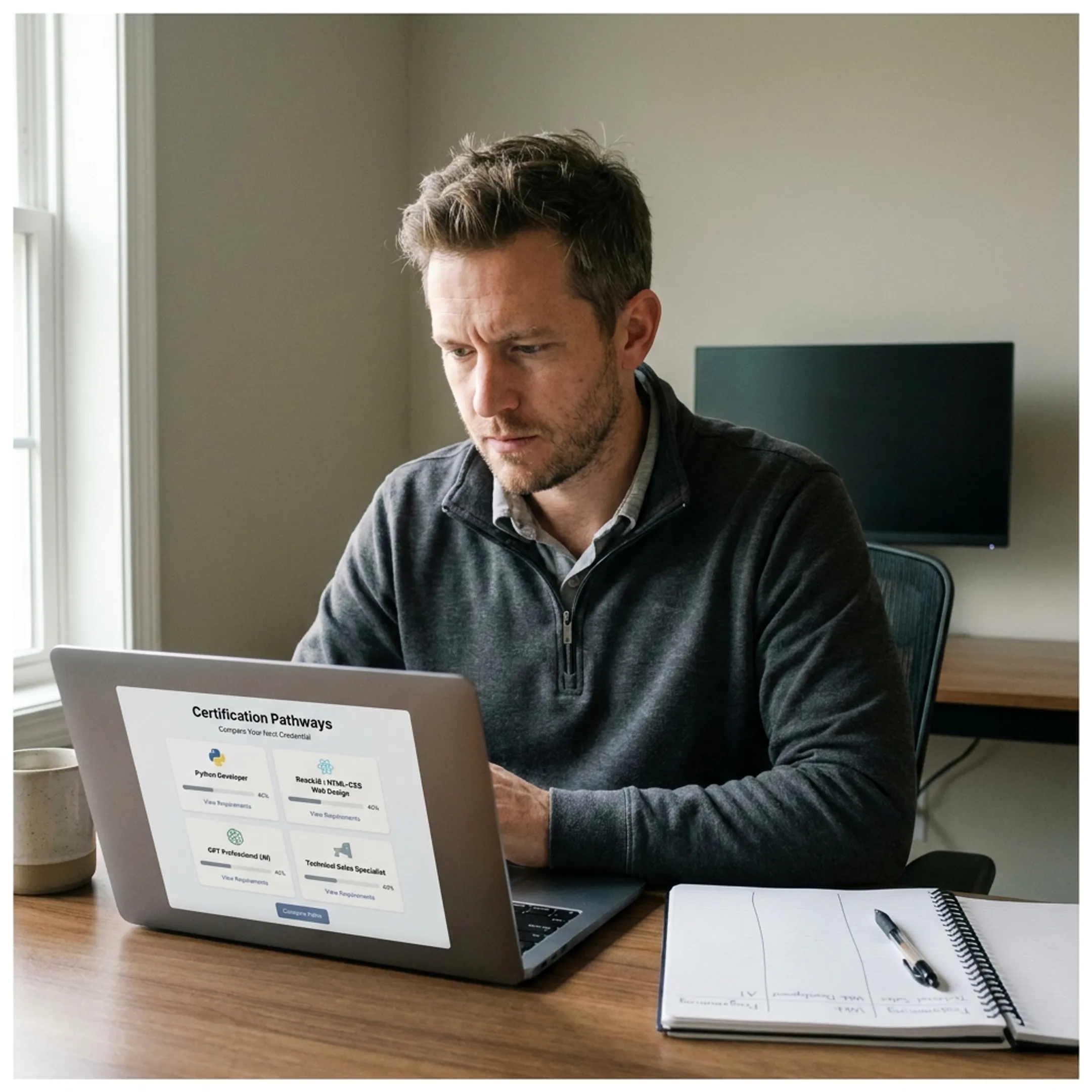 Veteran reviewing technology certification options on a laptop