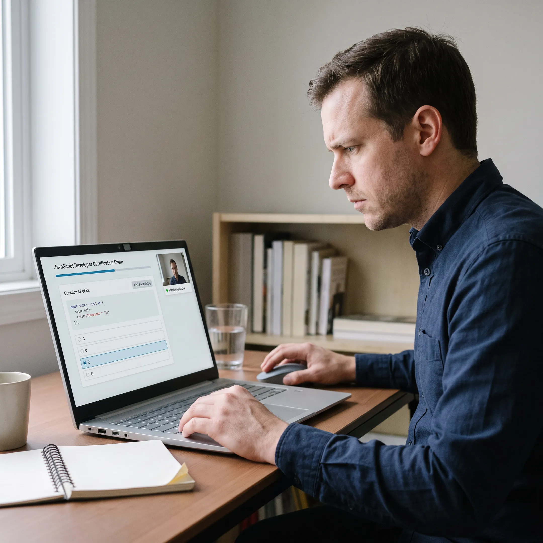 Service member completing an online JavaScript certification exam