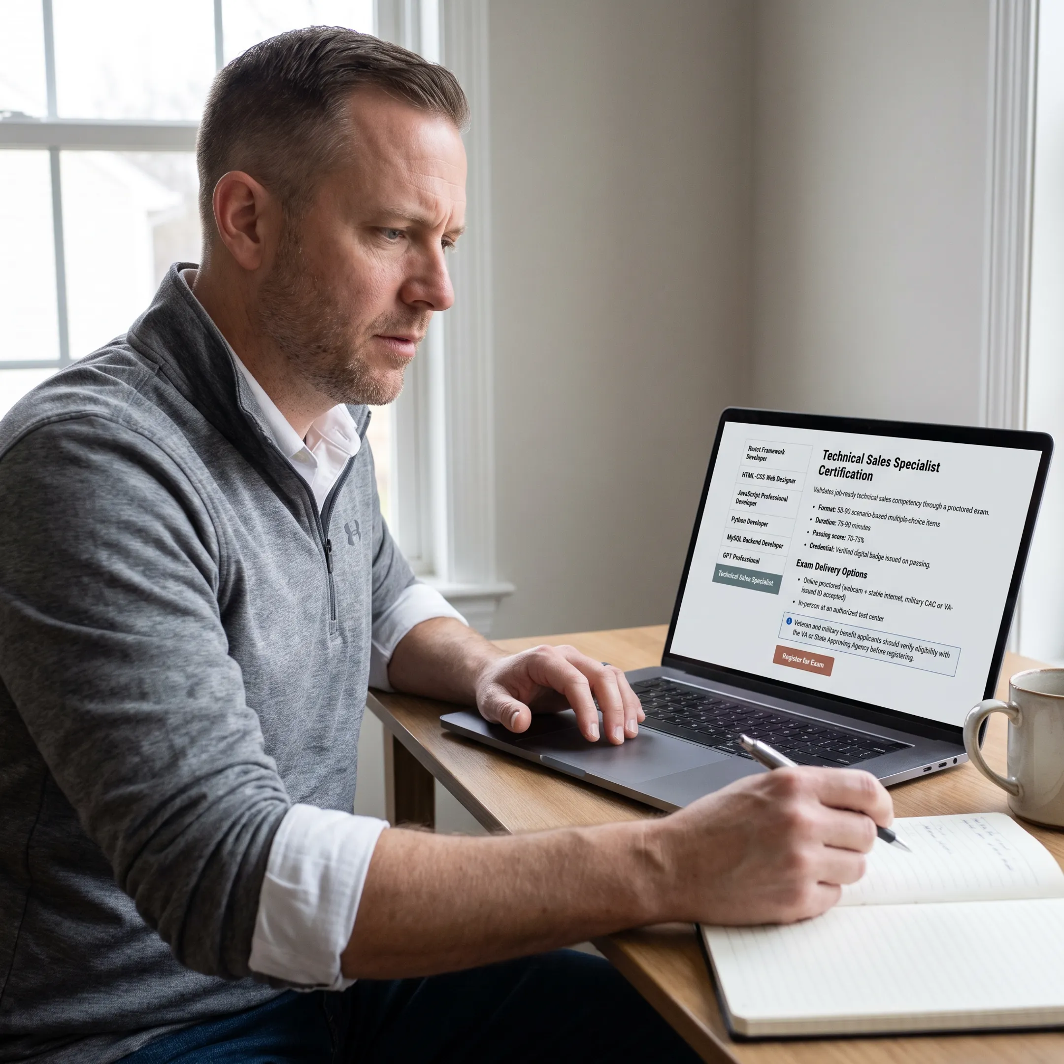 Veteran reviewing technical sales certification information