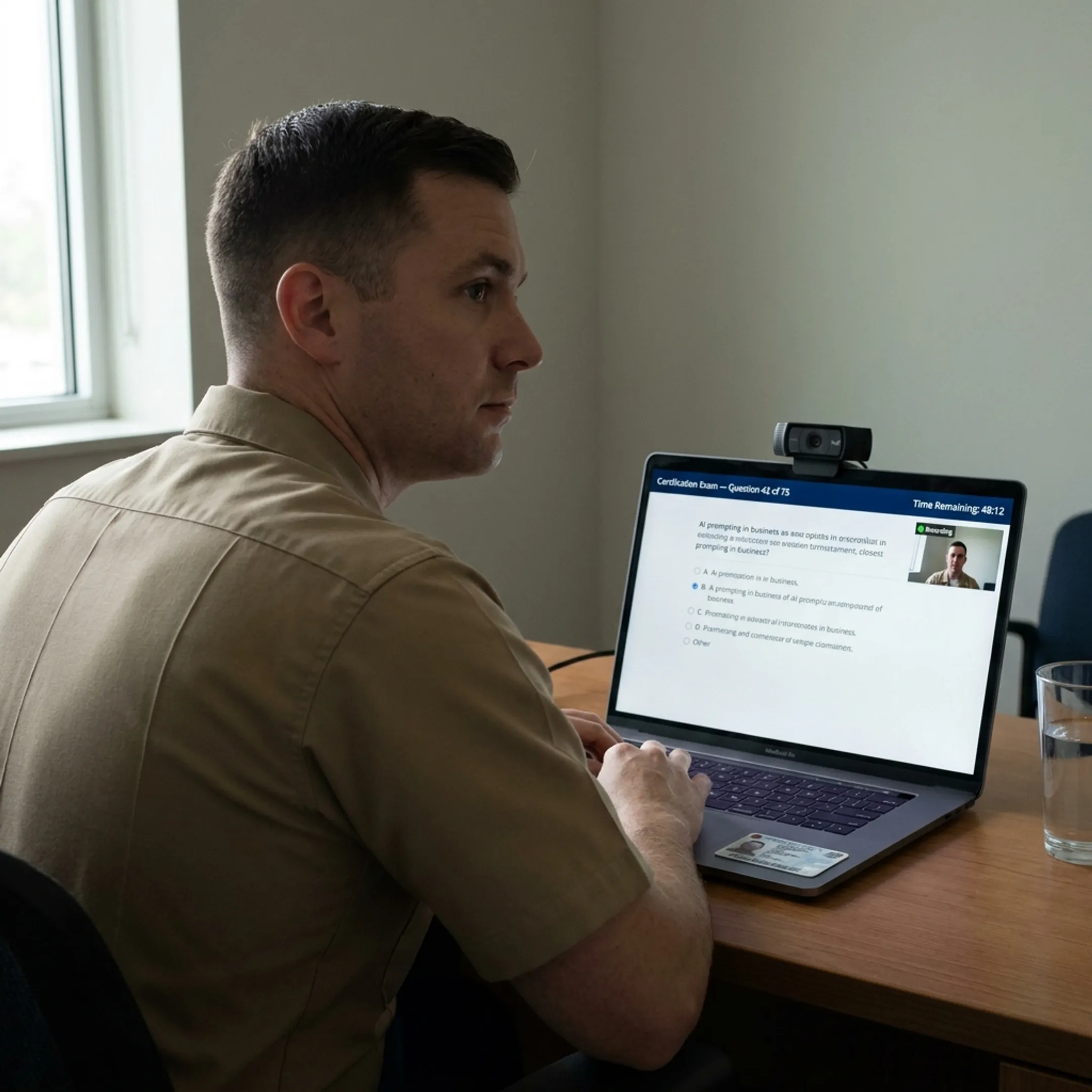 Military member completing an online AI certification exam on a laptop