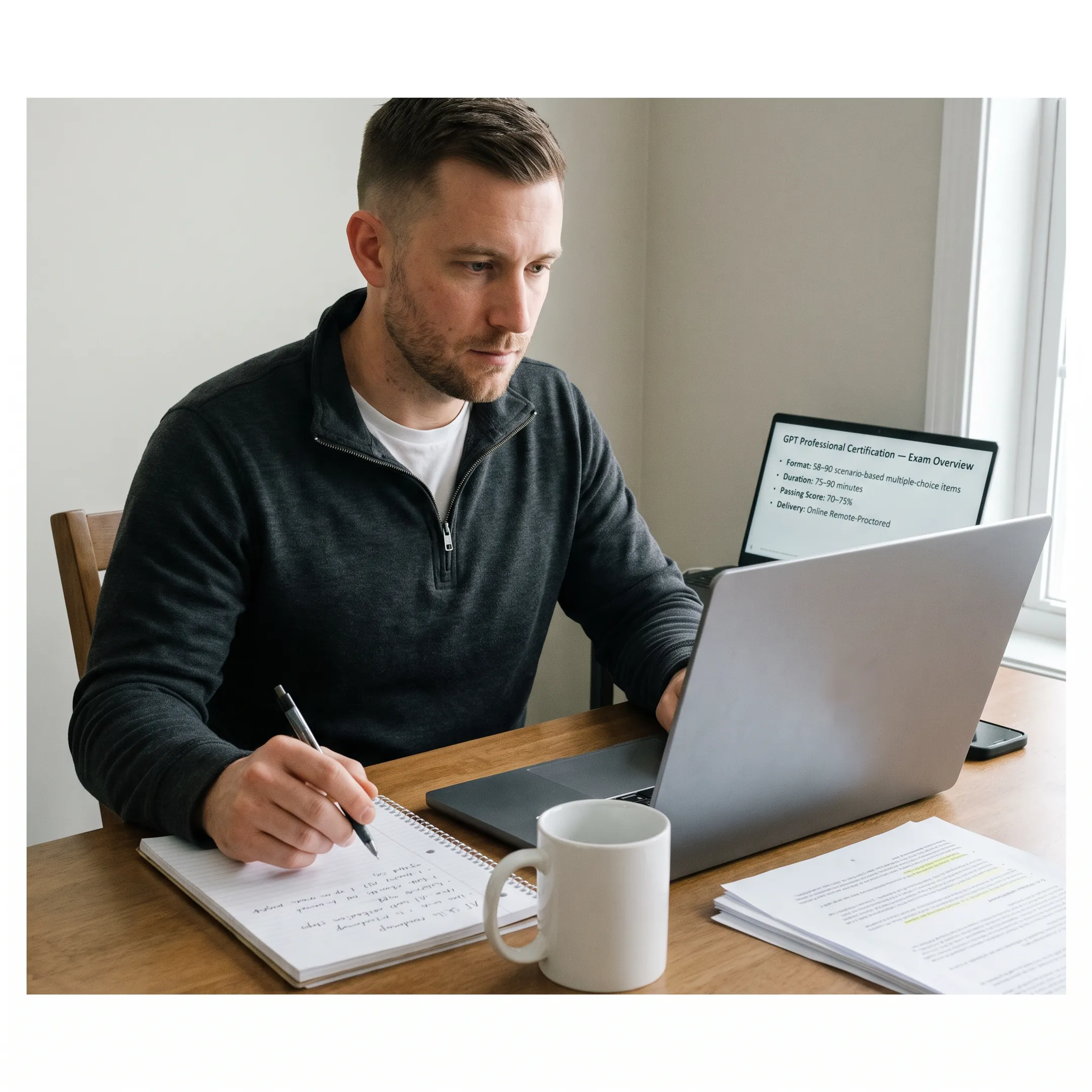 Veteran reviewing GPT certification information beside a laptop