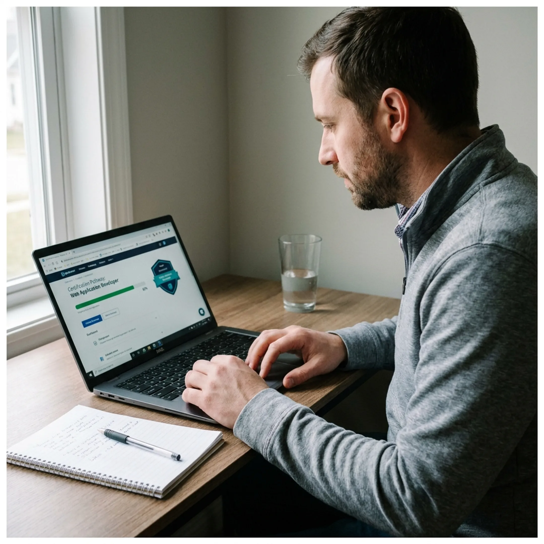 Veteran reviewing technology certification options and a digital badge