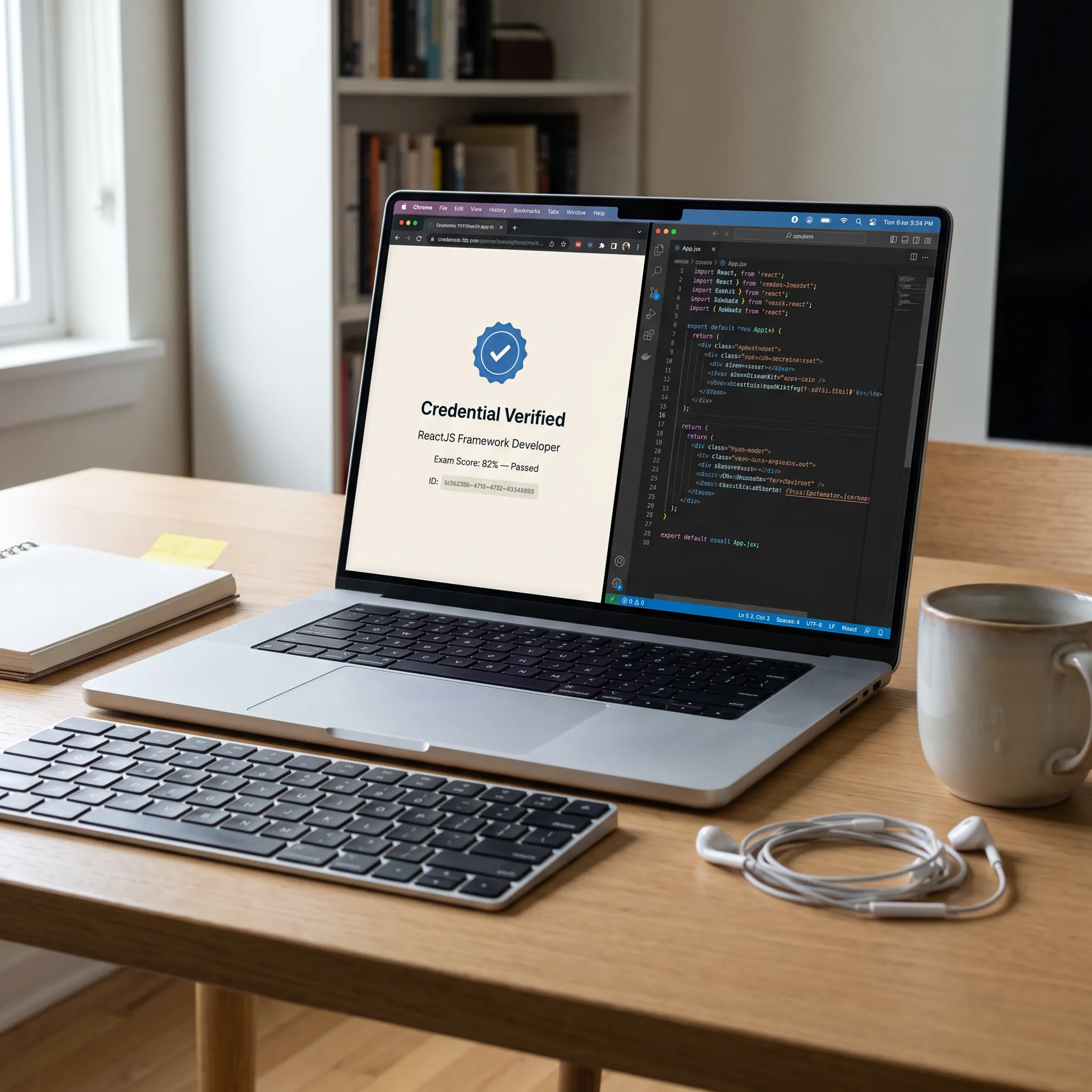 Digital software certification badge displayed beside coding workspace