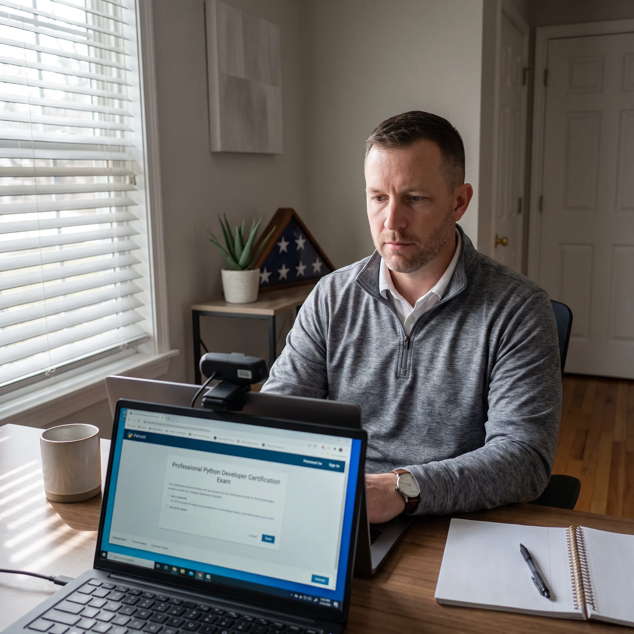 Veteran taking an online Python certification exam on a laptop