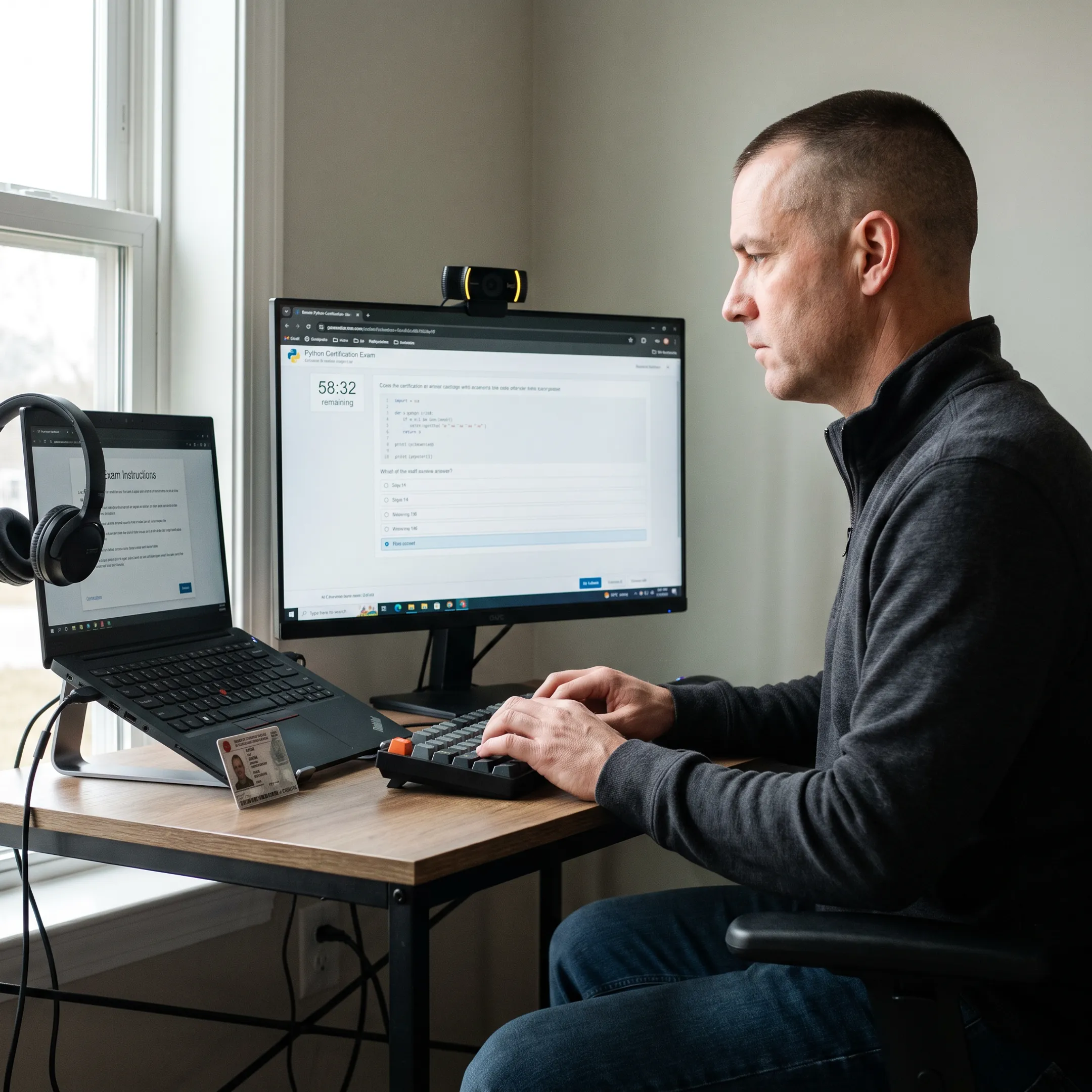 Veteran completing an online Python certification exam at a computer