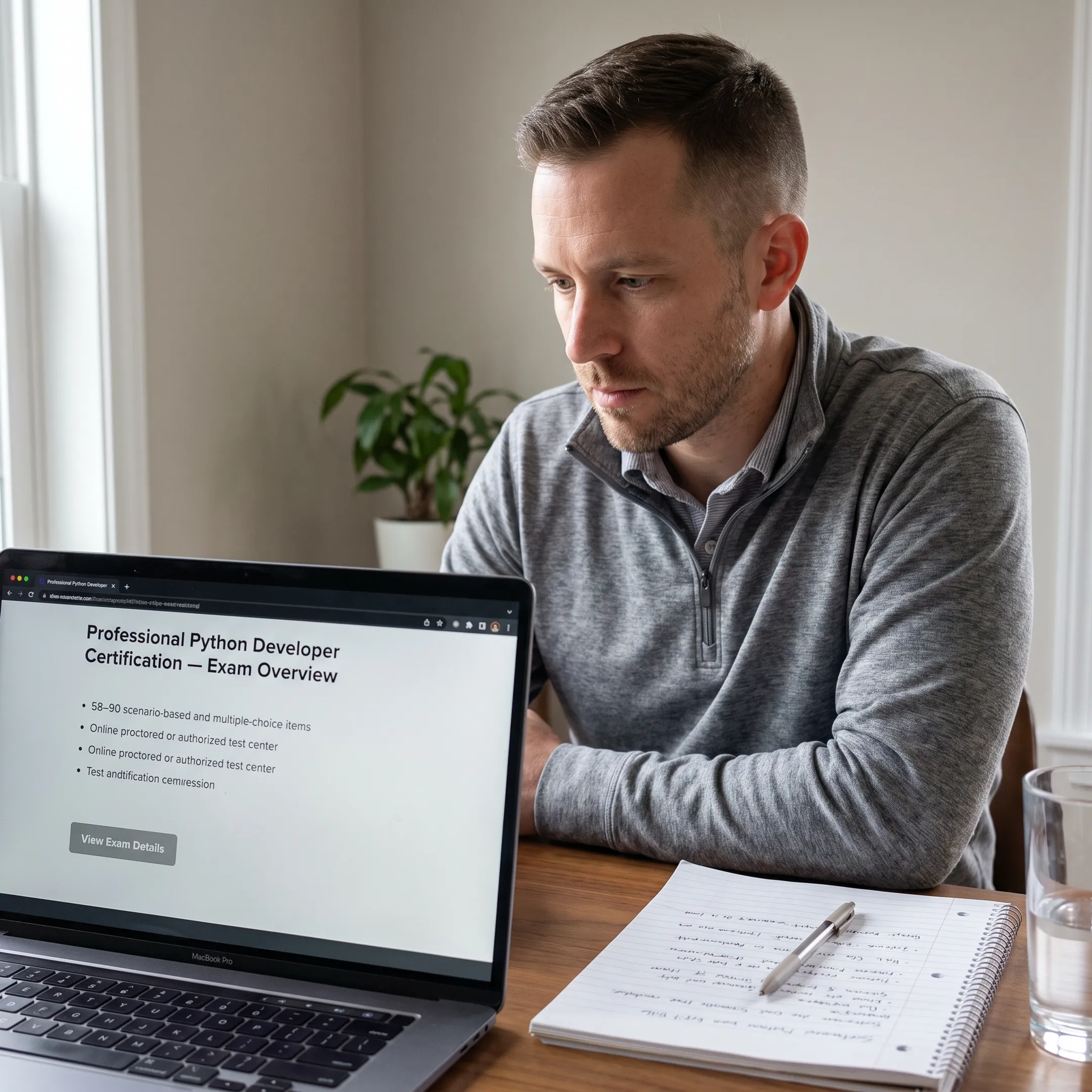Veteran reviewing Python certification results on a laptop