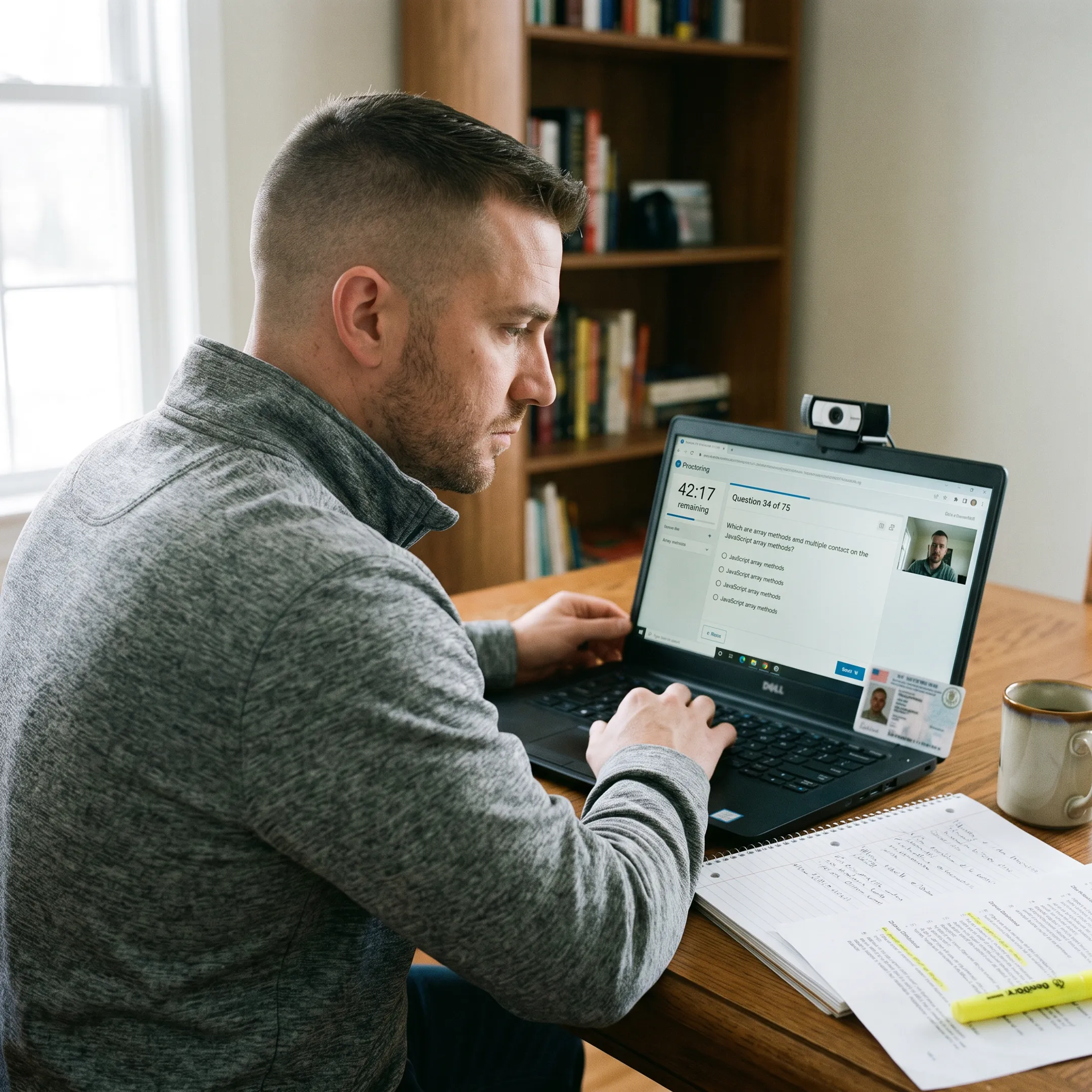 Veteran completing an online IT certification exam on a laptop