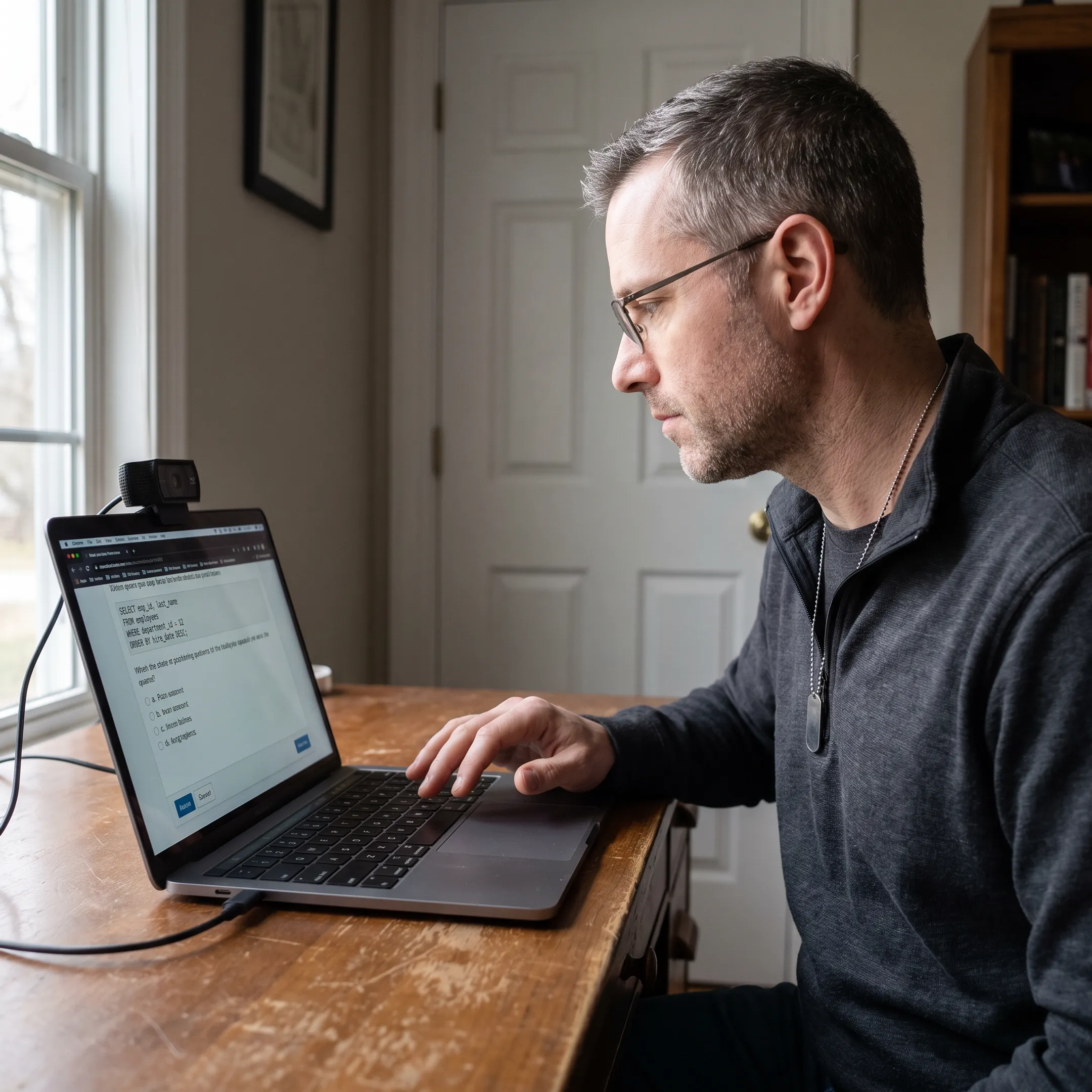 Veteran completing a MySQL certification exam on a laptop