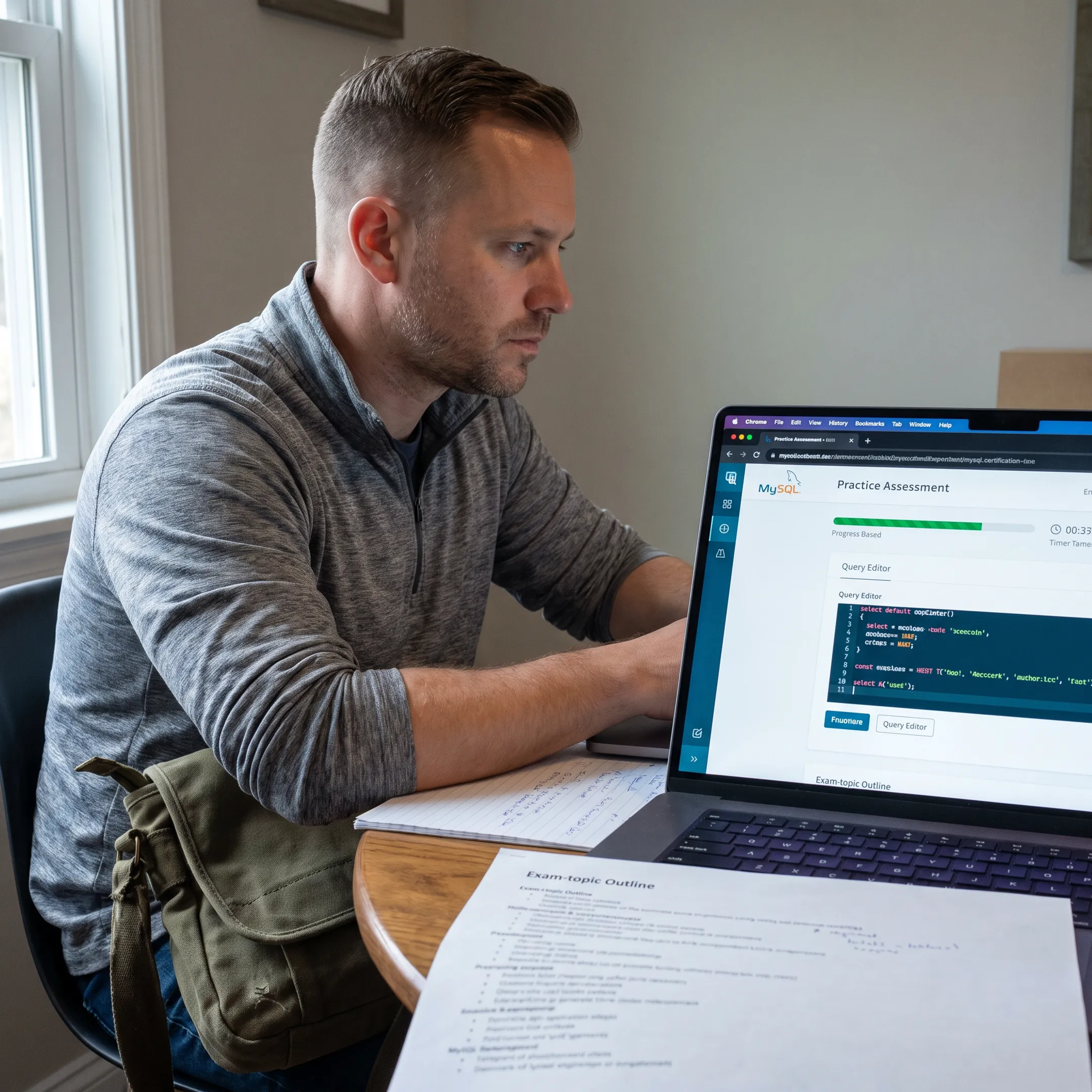 Veteran reviewing MySQL database certification preparation materials