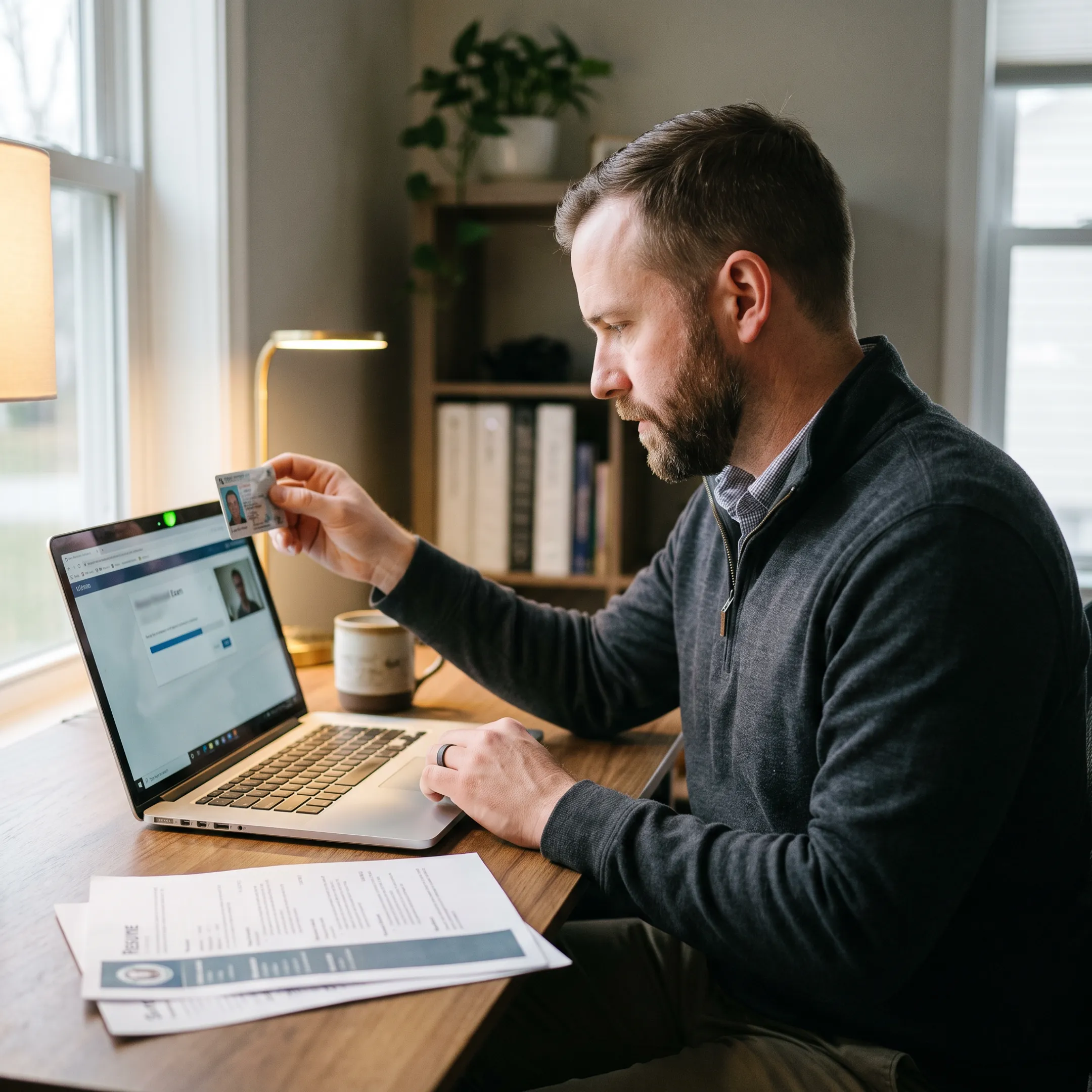 Veteran completing an online IT certification exam with VA reimbursement information nearby