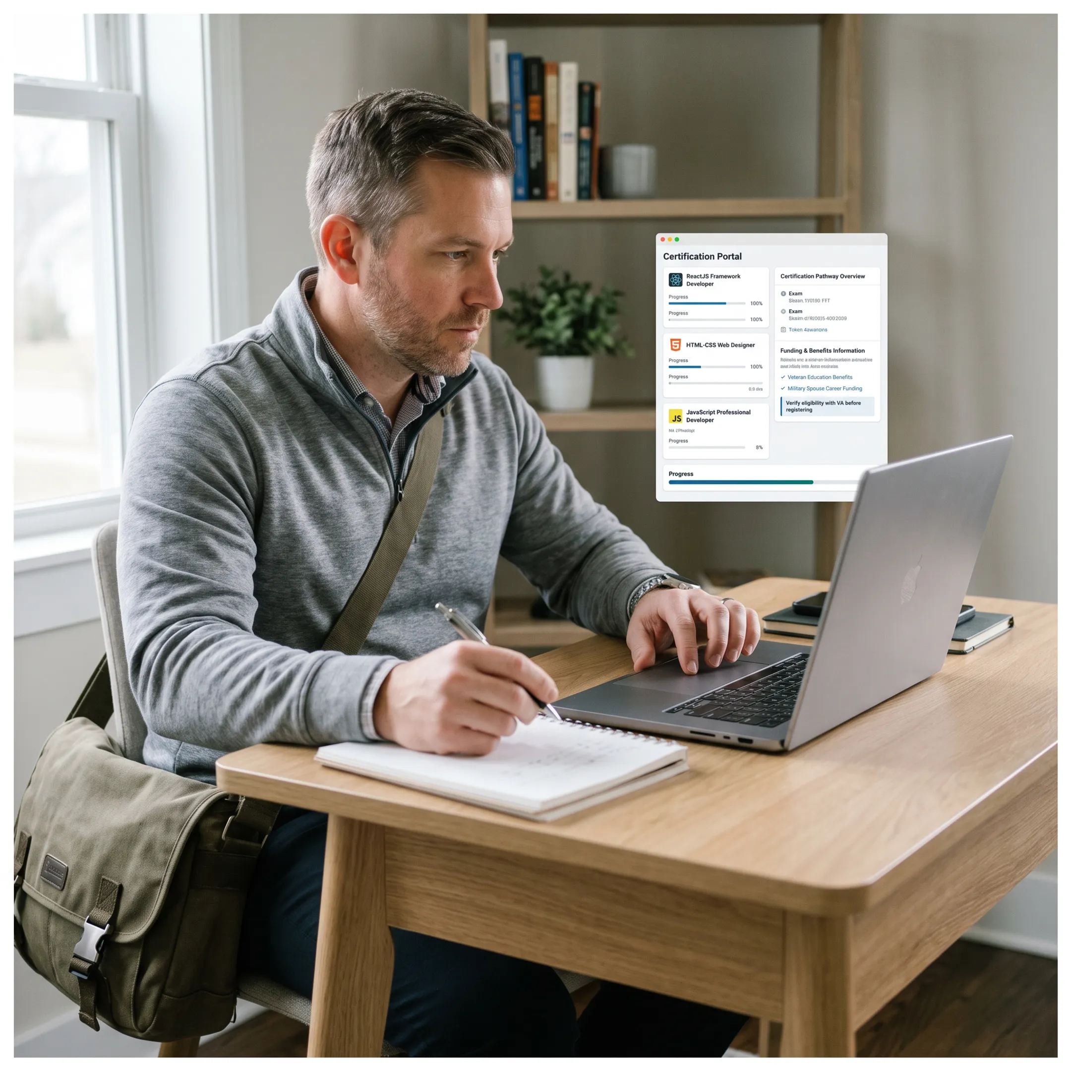 Veteran reviewing online IT certification options on a laptop