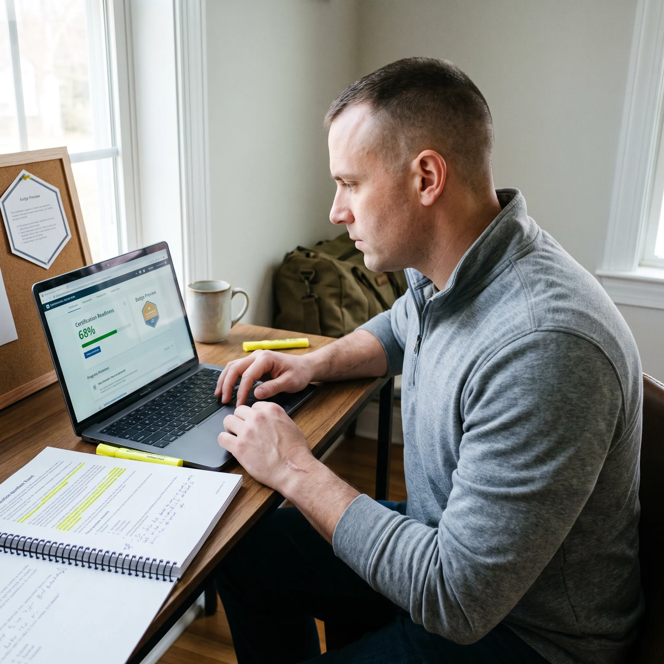 Veteran completing an online technology certification exam on a laptop