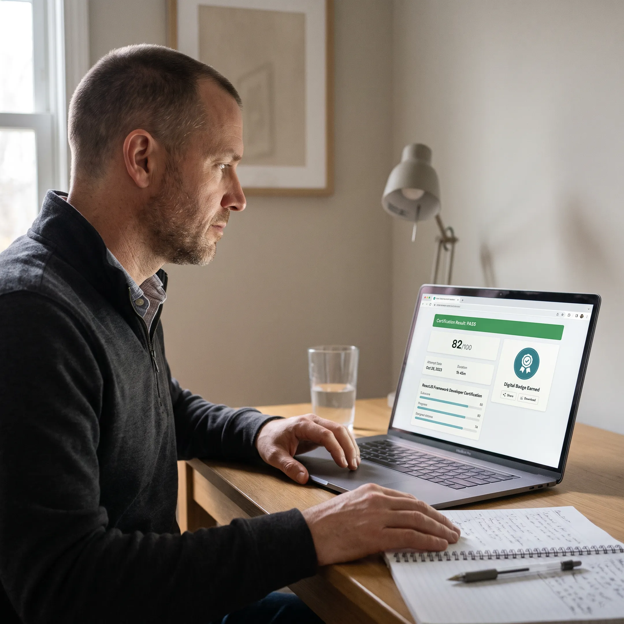 Veteran reviewing a digital technology certification badge