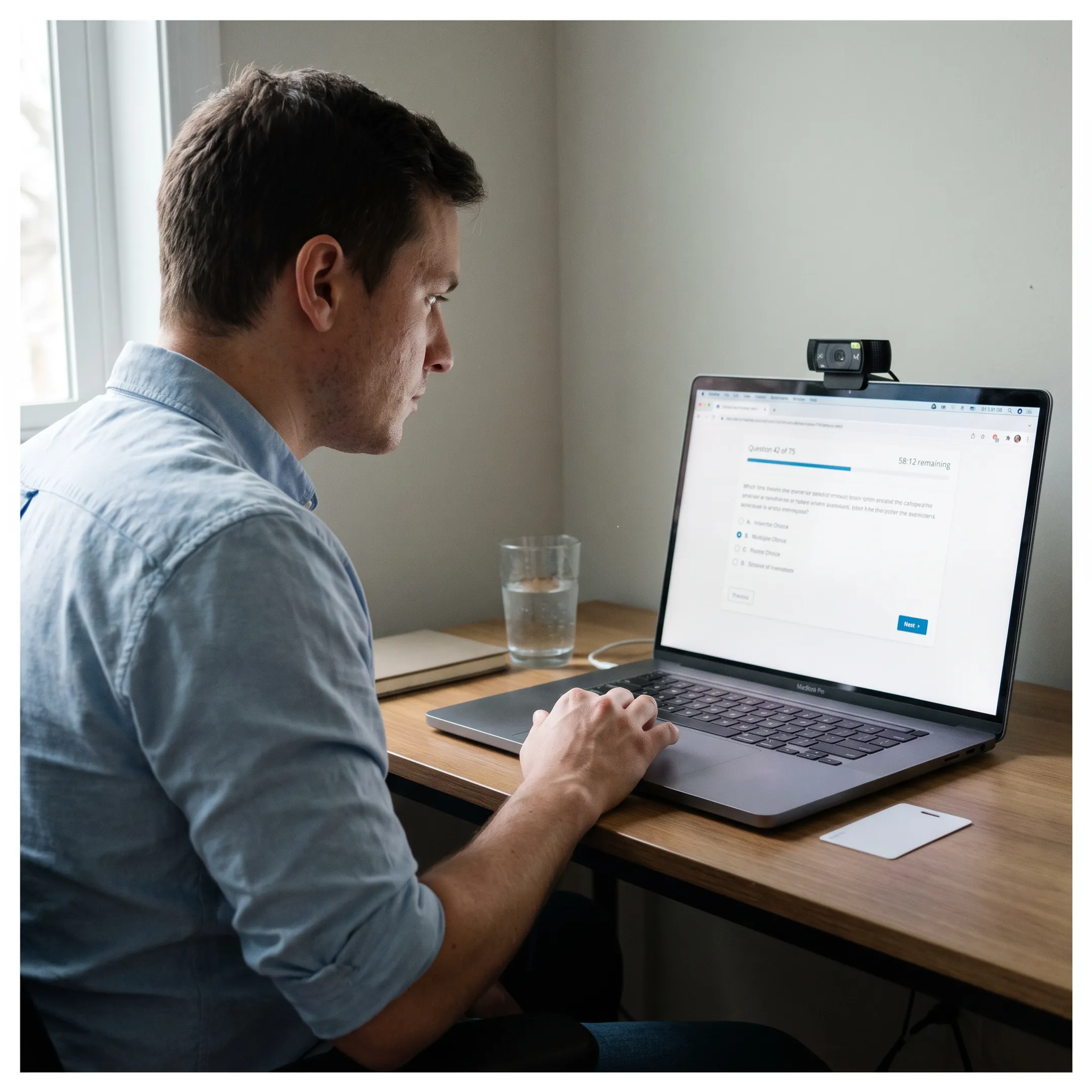 Candidate completing a React certification exam on a laptop