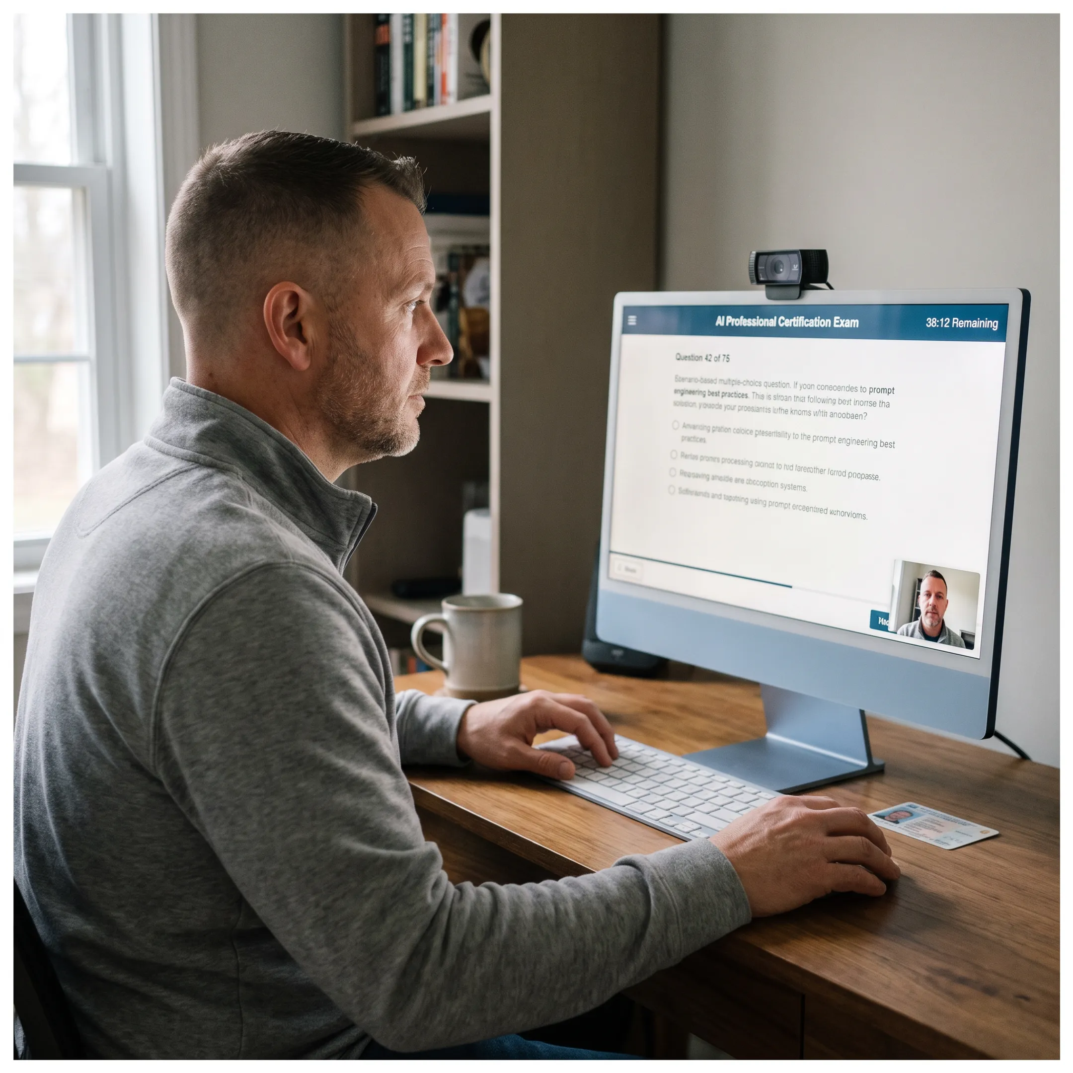 Veteran taking an online GPT certification exam at a computer