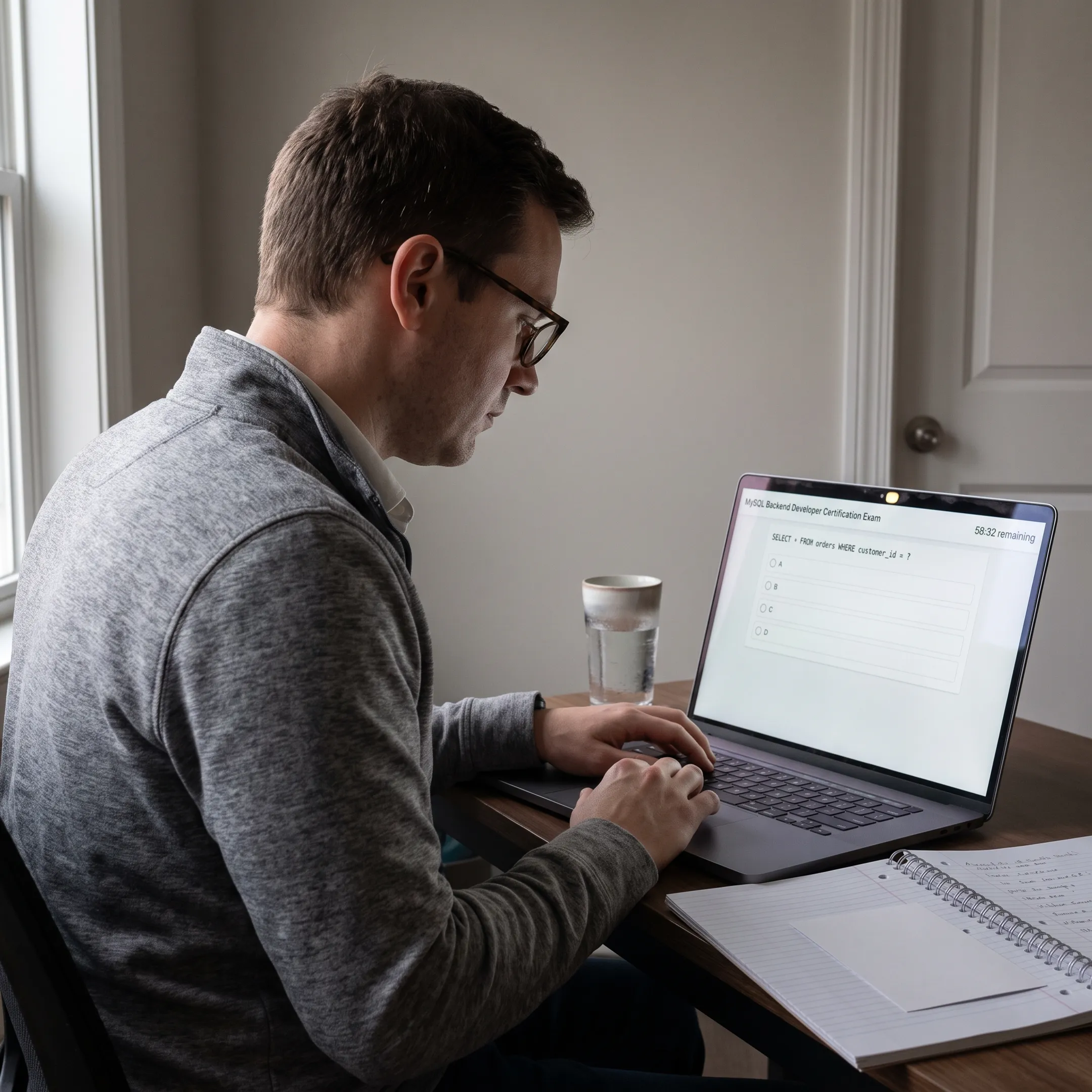 Candidate completing a proctored MySQL certification exam on a laptop