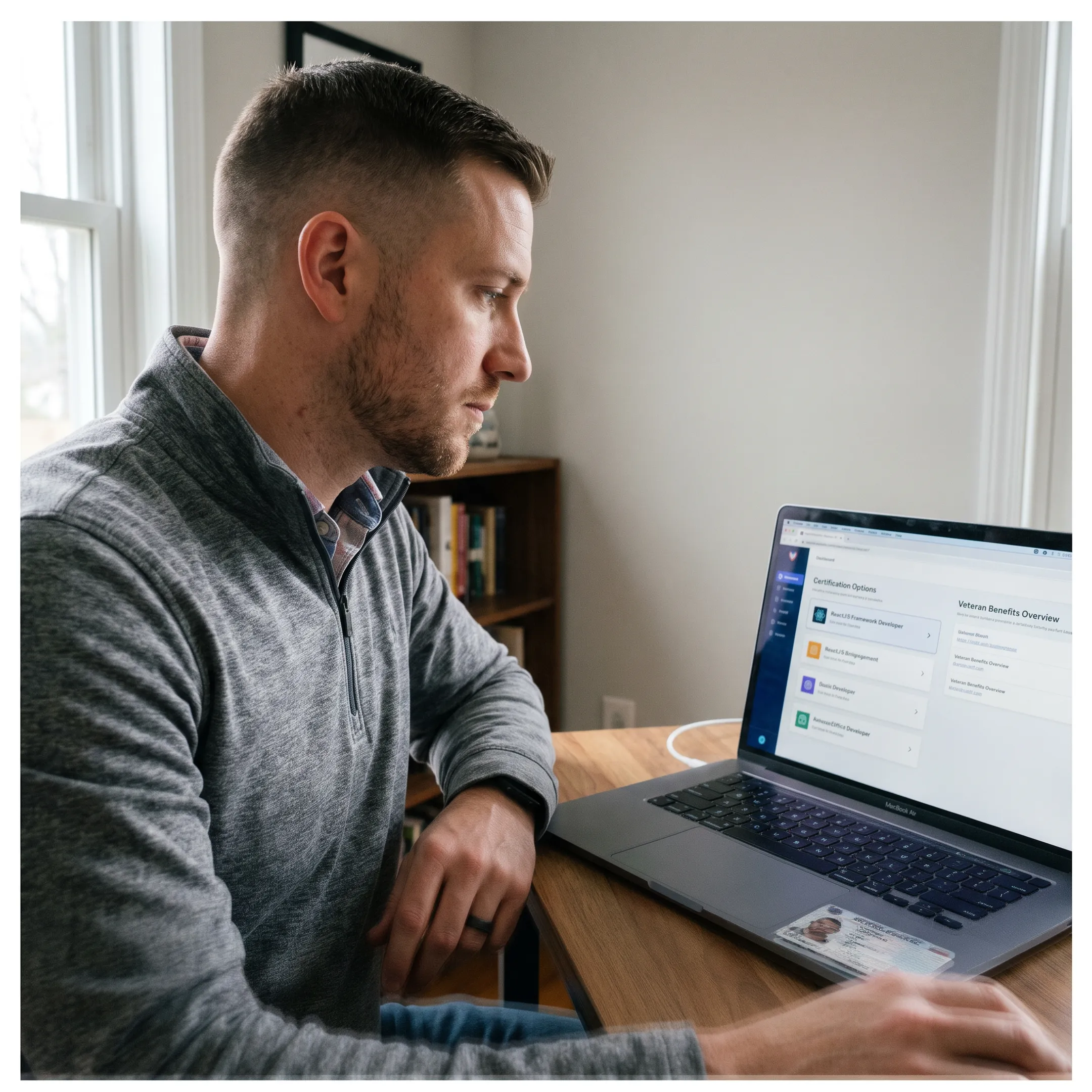 Veteran reviewing IT certification exam options on a laptop
