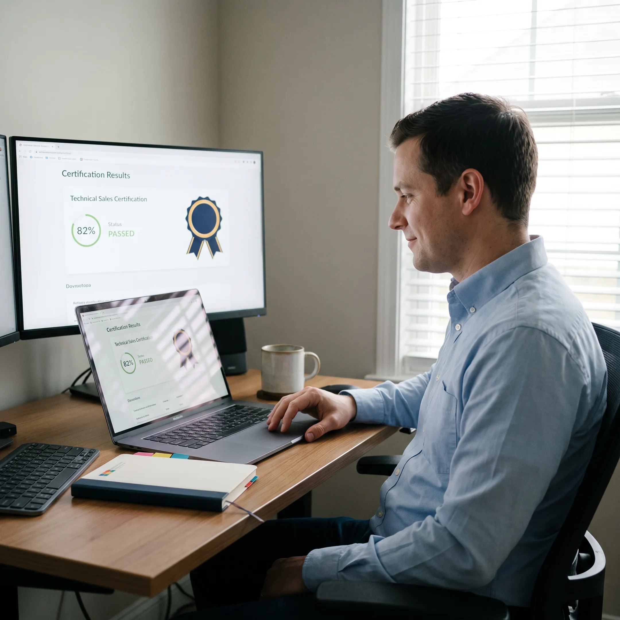 Professional reviewing technical sales certification results