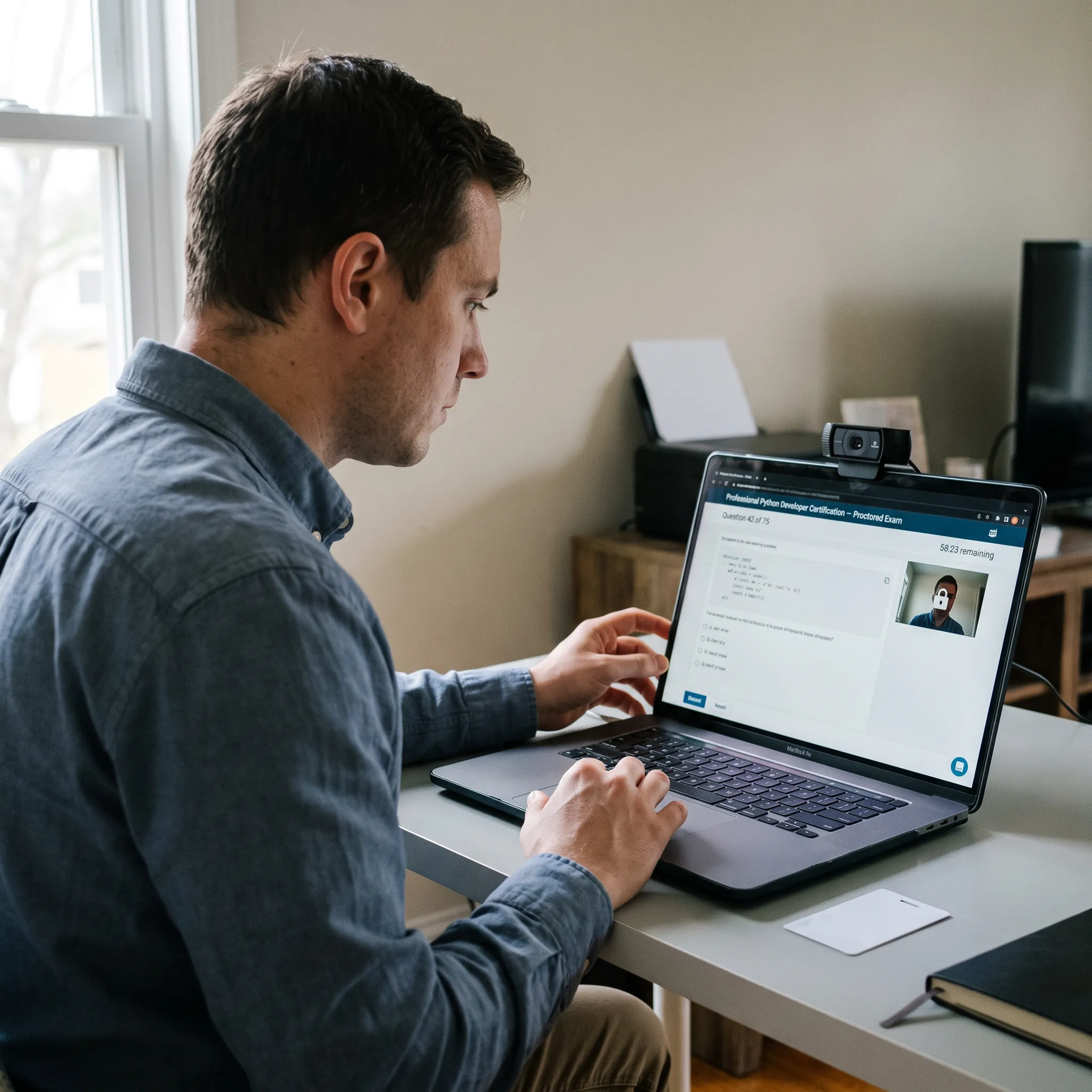 Participant completing a proctored Python certification exam on a laptop