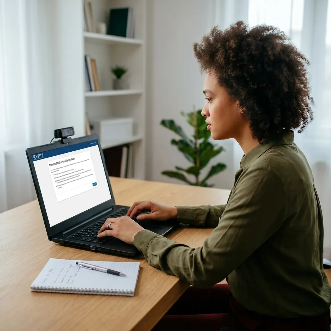 Candidate taking an online proctored sales engineering certification exam