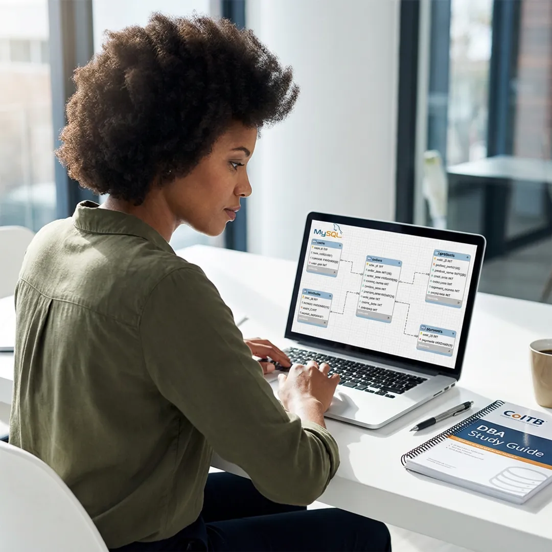 Database certification candidate studying SQL on laptop