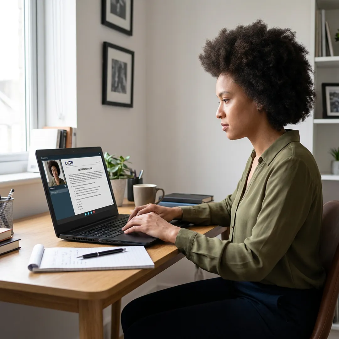 HR professional taking online AI certification exam