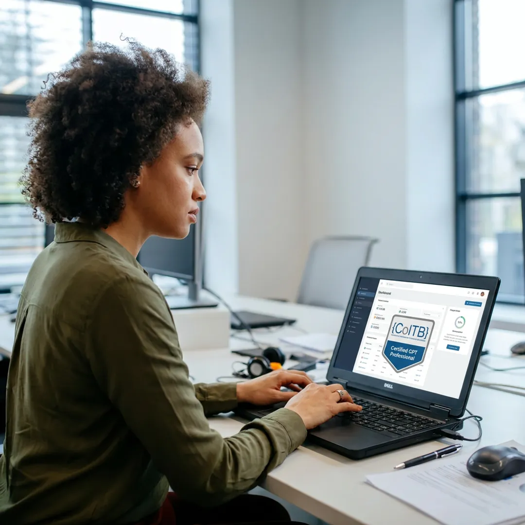 HR professional reviewing AI certification dashboard