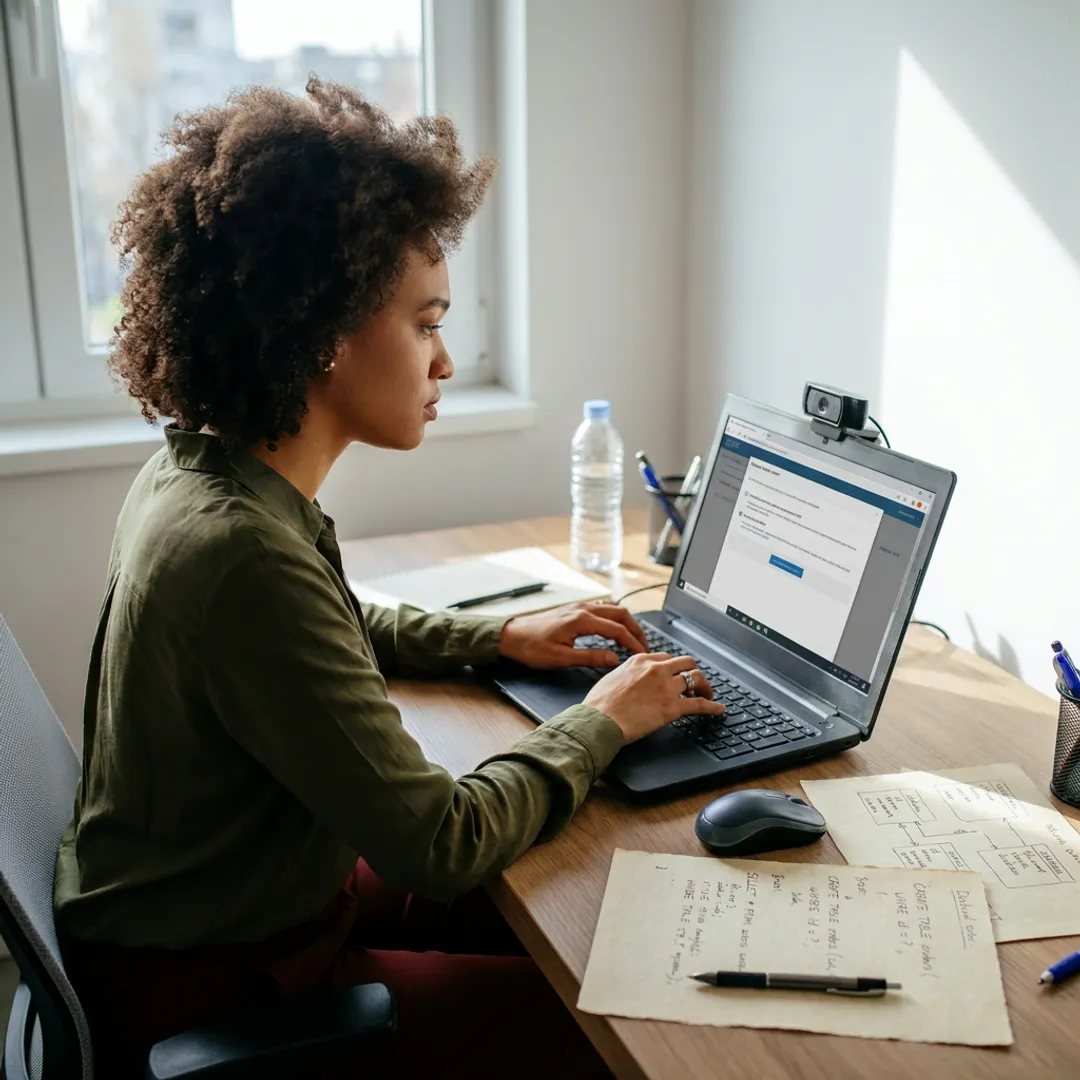 Candidate taking an online backend certification exam