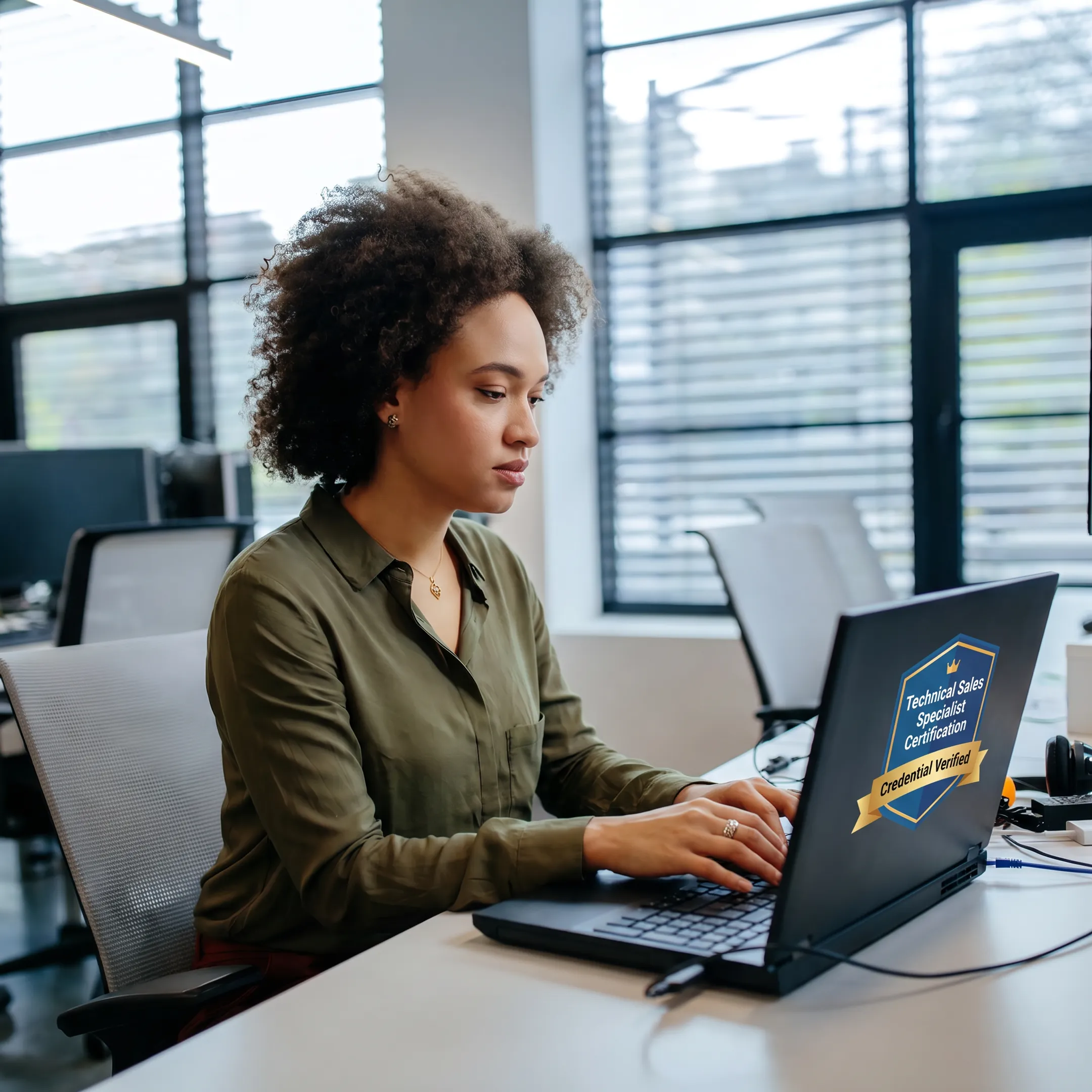 Veteran reviewing technical sales certification information on a laptop