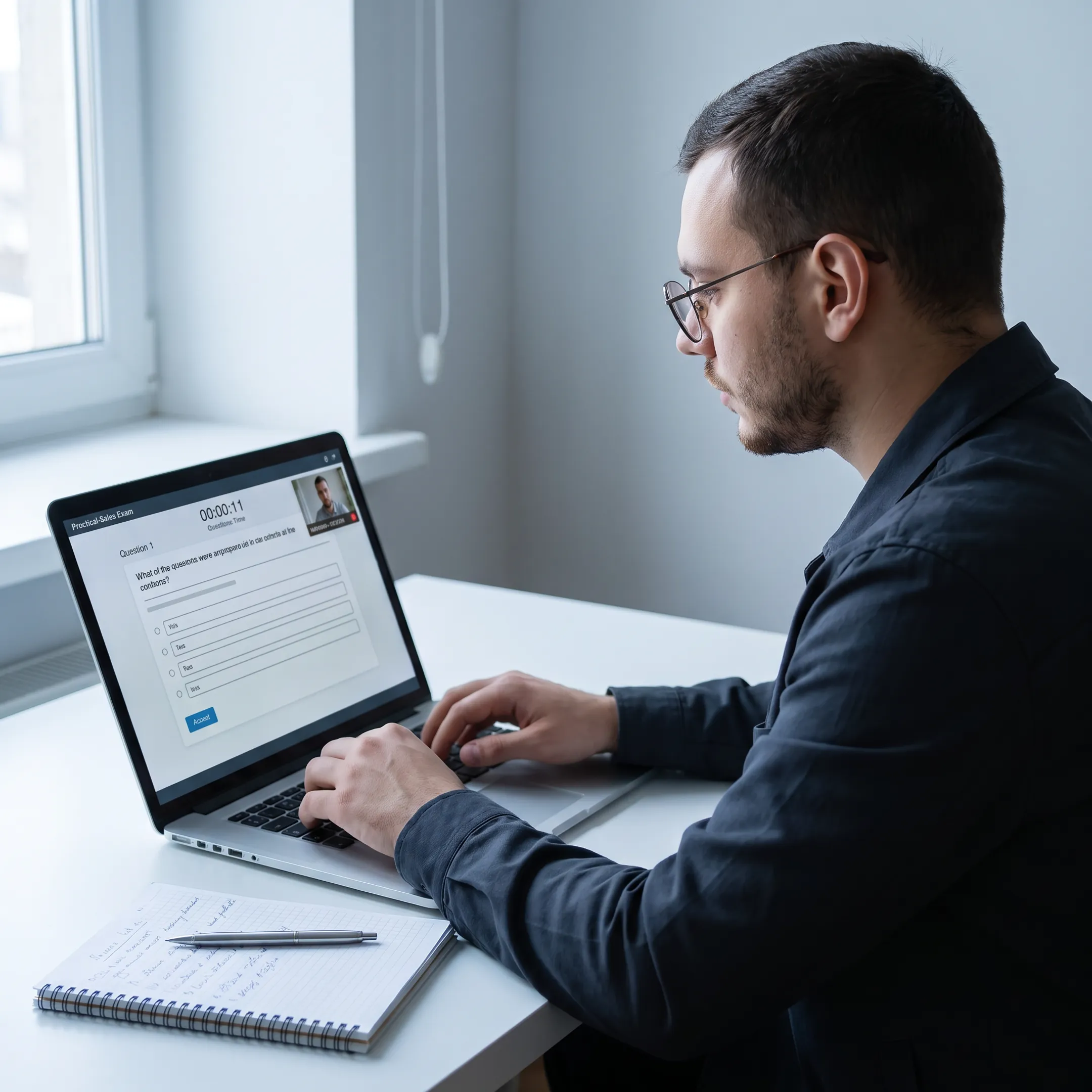 Veteran candidate completing an online technical sales certification exam