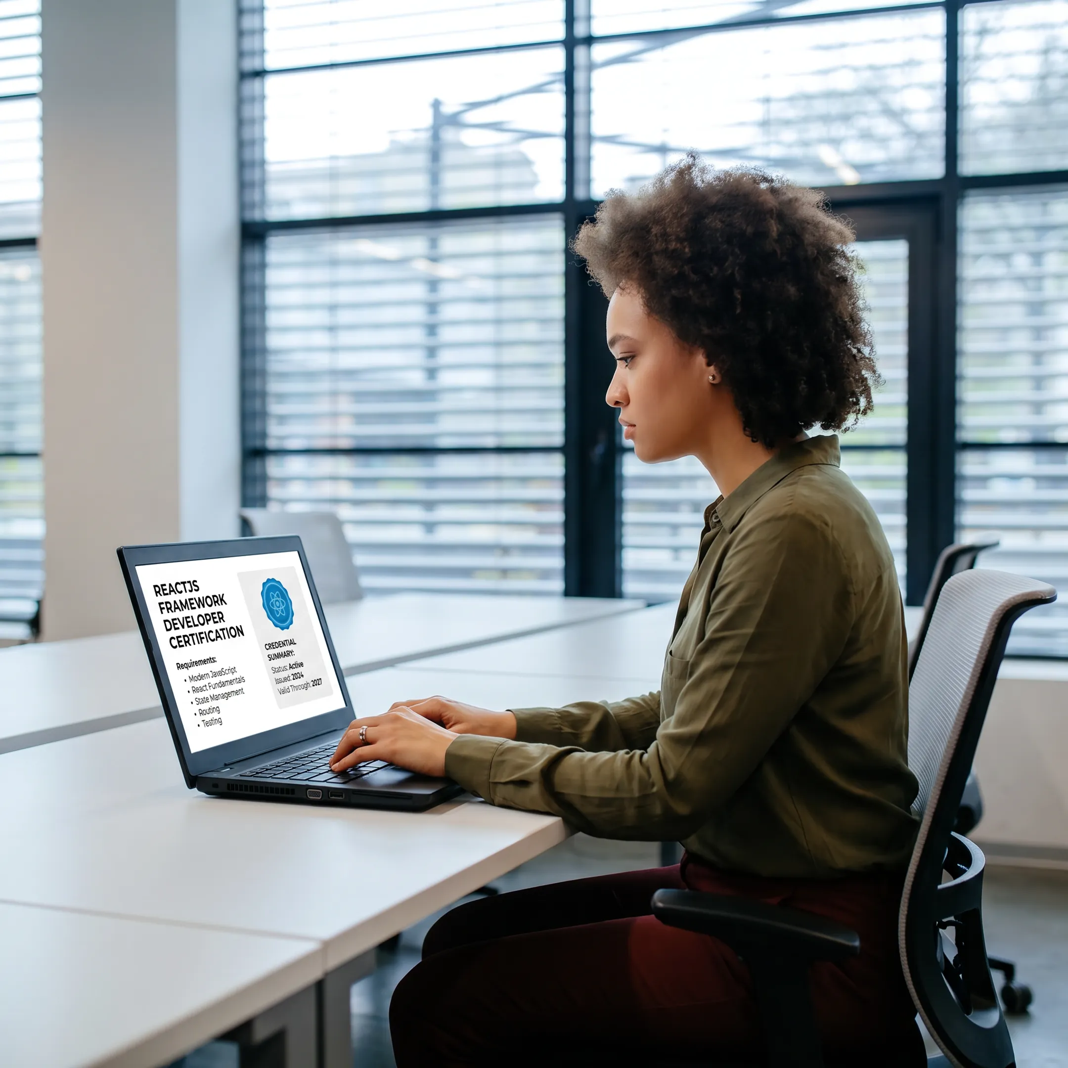 Veteran reviewing React certification information on a laptop