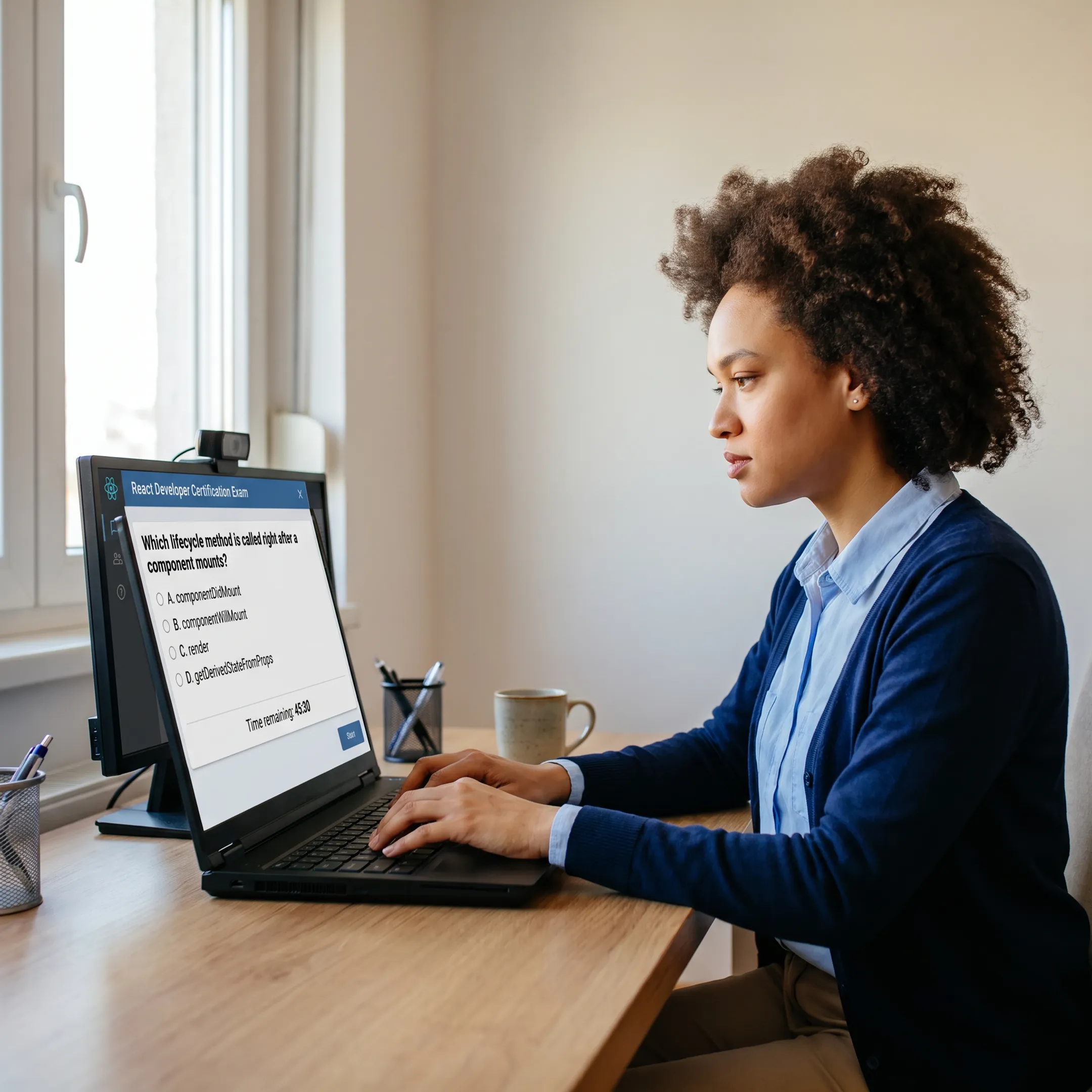 Veteran completing a React developer certification exam online