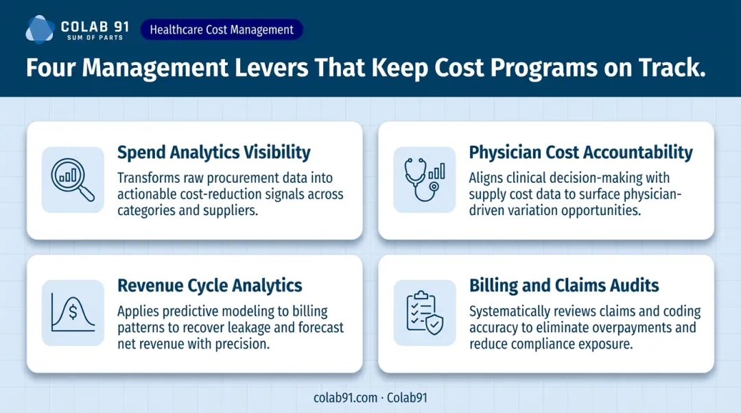 Four healthcare spend management levers including analytics physician accountability and billing audits