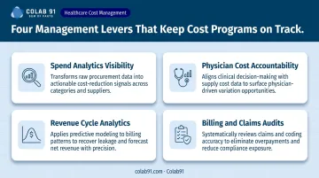 Four healthcare spend management levers including analytics physician accountability and billing audits