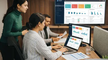 Offshore business process management team reviewing procurement analytics data together