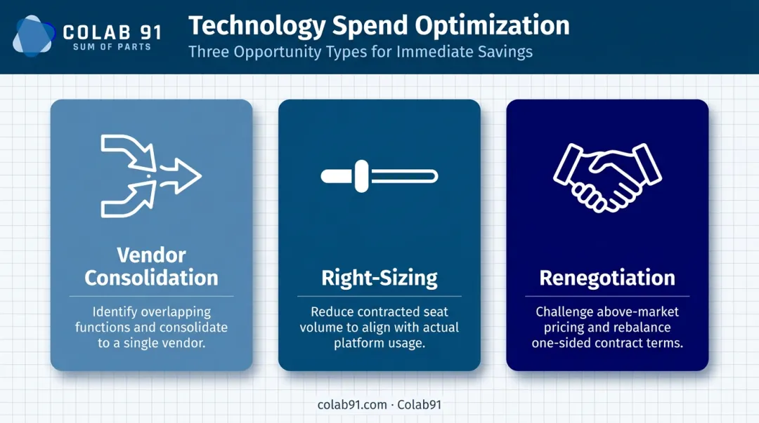 Three technology spend optimization opportunity types vendor consolidation right-sizing renegotiation comparison