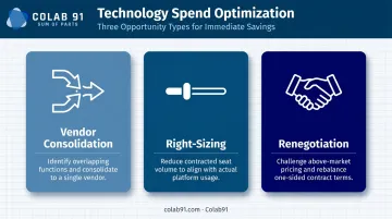 Three technology spend optimization opportunity types vendor consolidation right-sizing renegotiation comparison