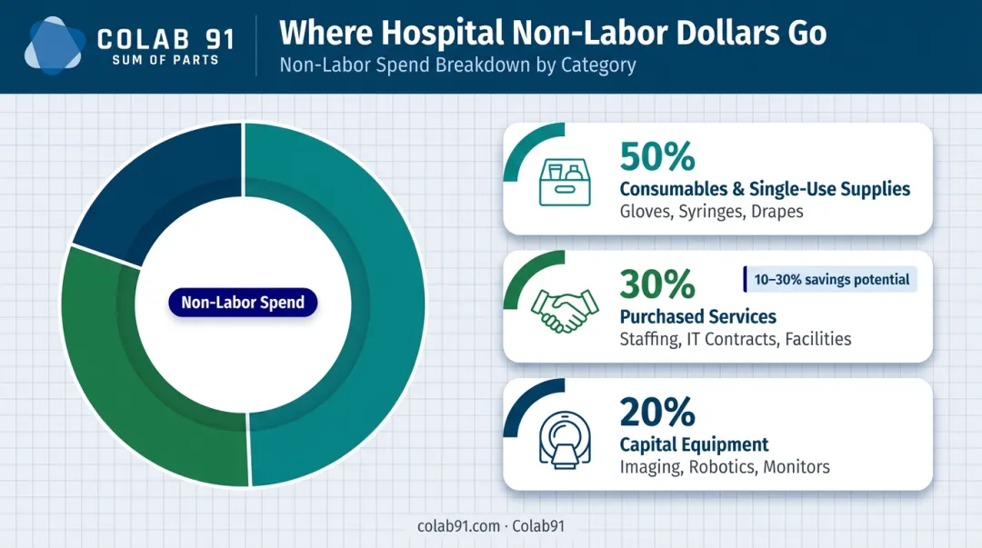 Three hospital non-labor spend categories capital consumables purchased services breakdown