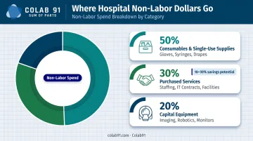 Three hospital non-labor spend categories capital consumables purchased services breakdown