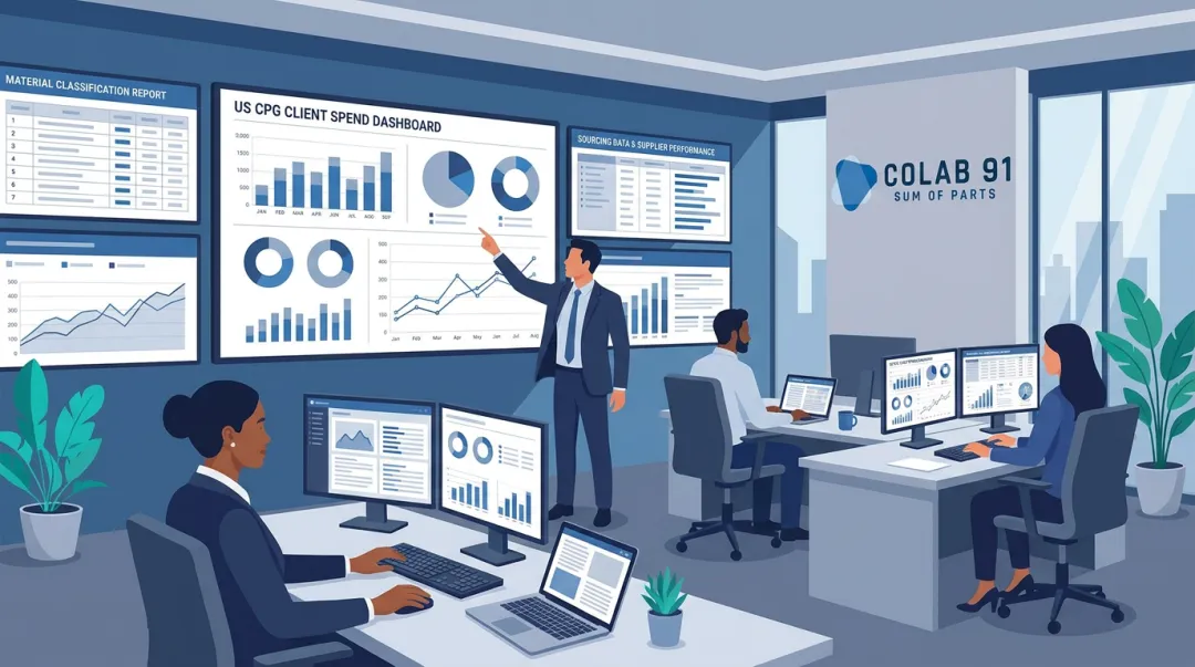 Dedicated procurement analytics team reviewing spend classification dashboards and savings reports