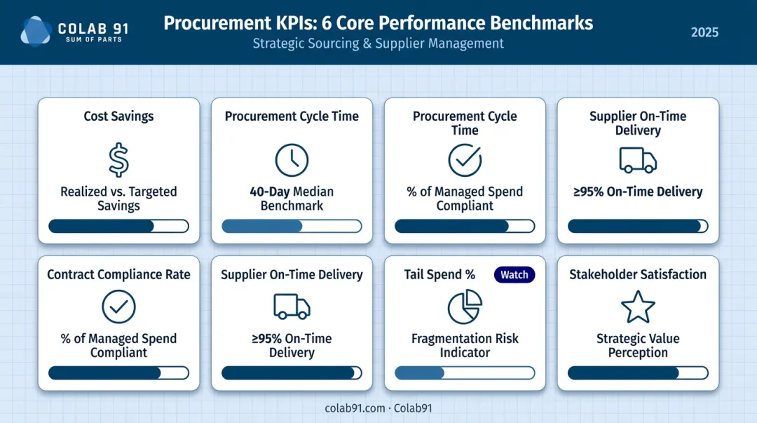 Procurement transformation KPI dashboard showing six core performance metrics and benchmarks