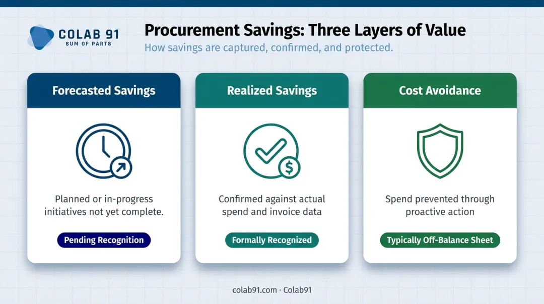 Three-layer procurement savings framework forecasted realized and cost avoidance