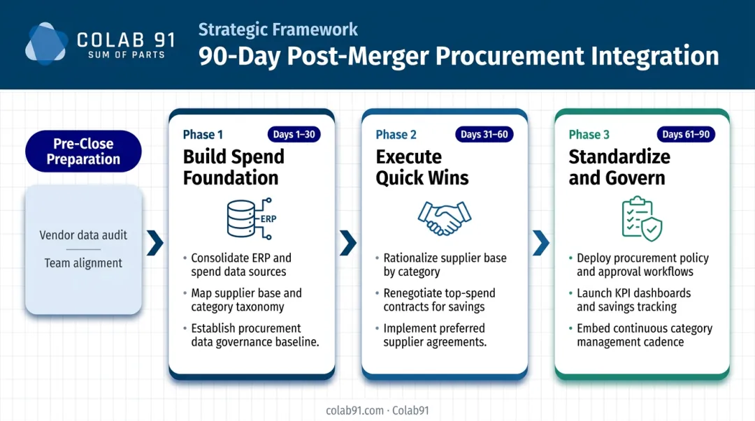 90-day post-merger procurement integration three-phase process flow timeline
