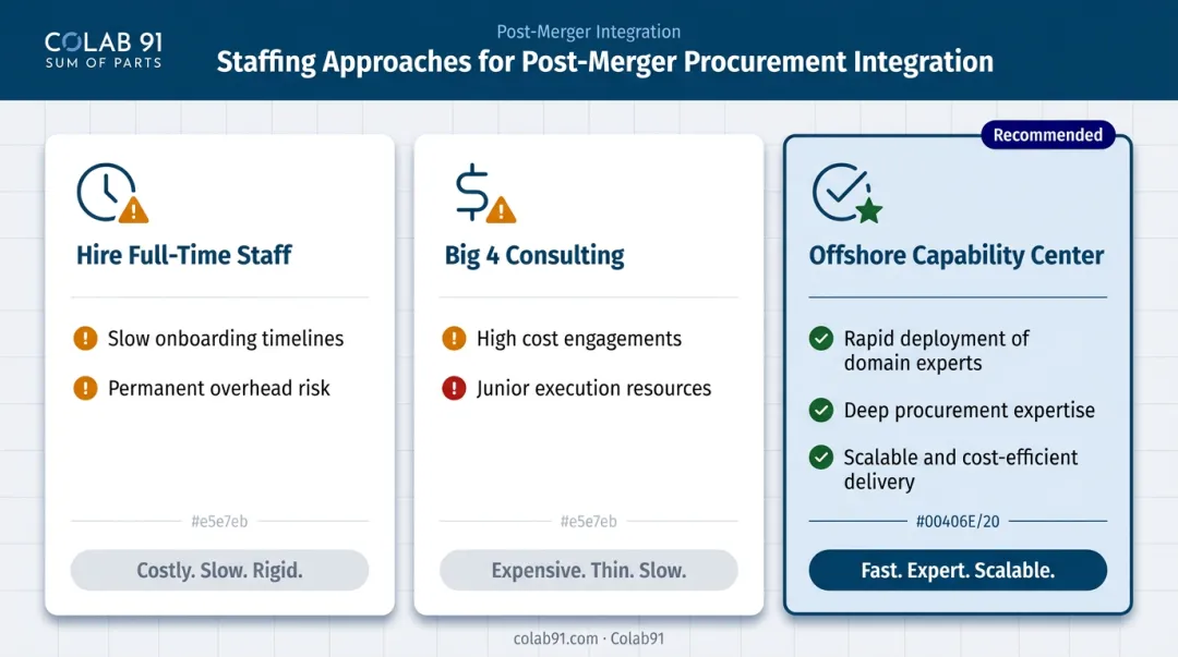 Three procurement staffing model comparison chart for post-merger integration sprint