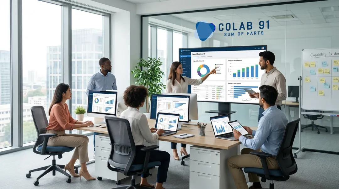 Procurement analytics team reviewing spend data dashboards and category reports